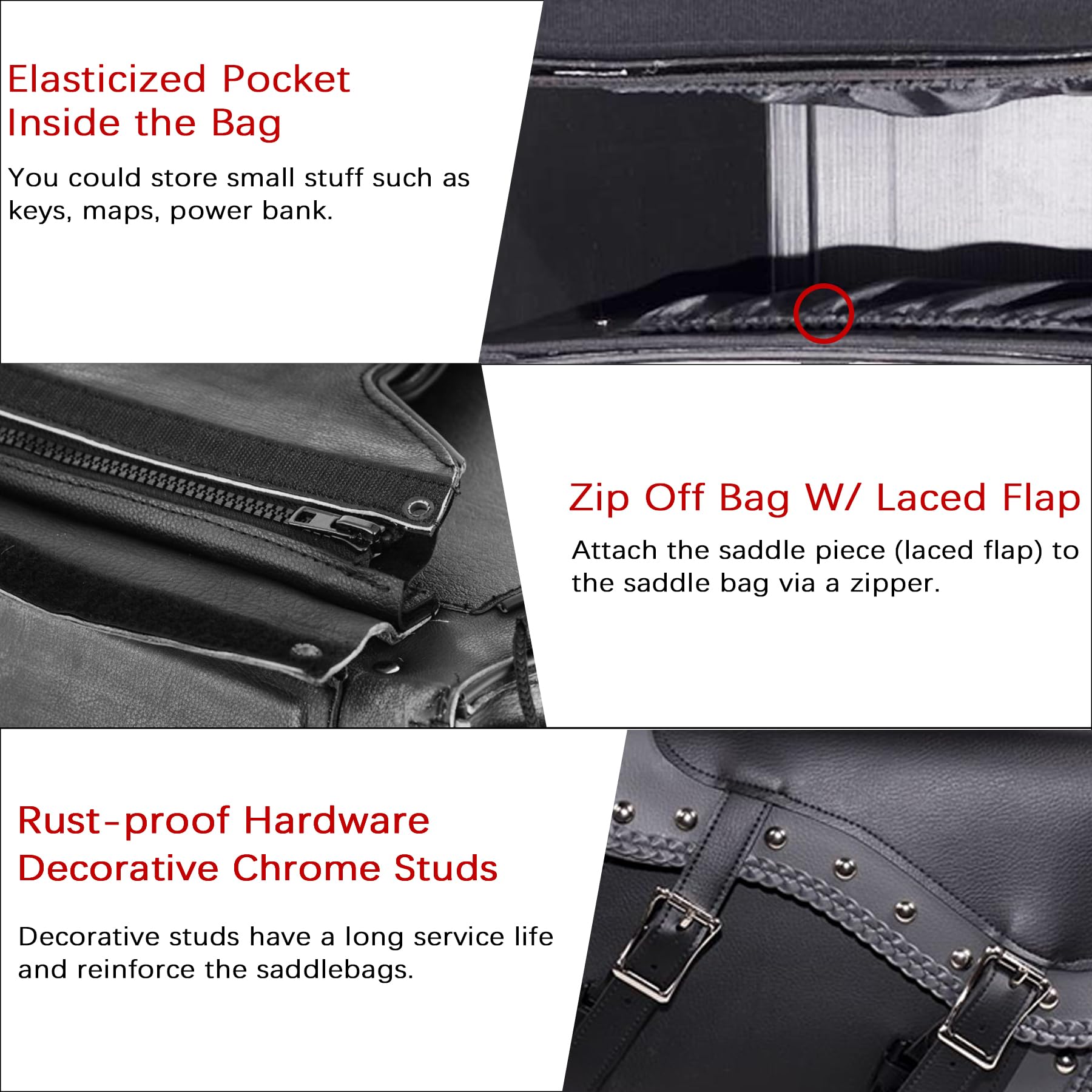 Faux Leather Motorcycle Saddle Bags with Studs - Universal Throw Over Side Bags for Honda Shadow, Sportster, Softail, Dyna & V-star (Black & Grey) - Waterproof PVC Storage for Cruiser Bikes, Road Trips & Daily Commuting