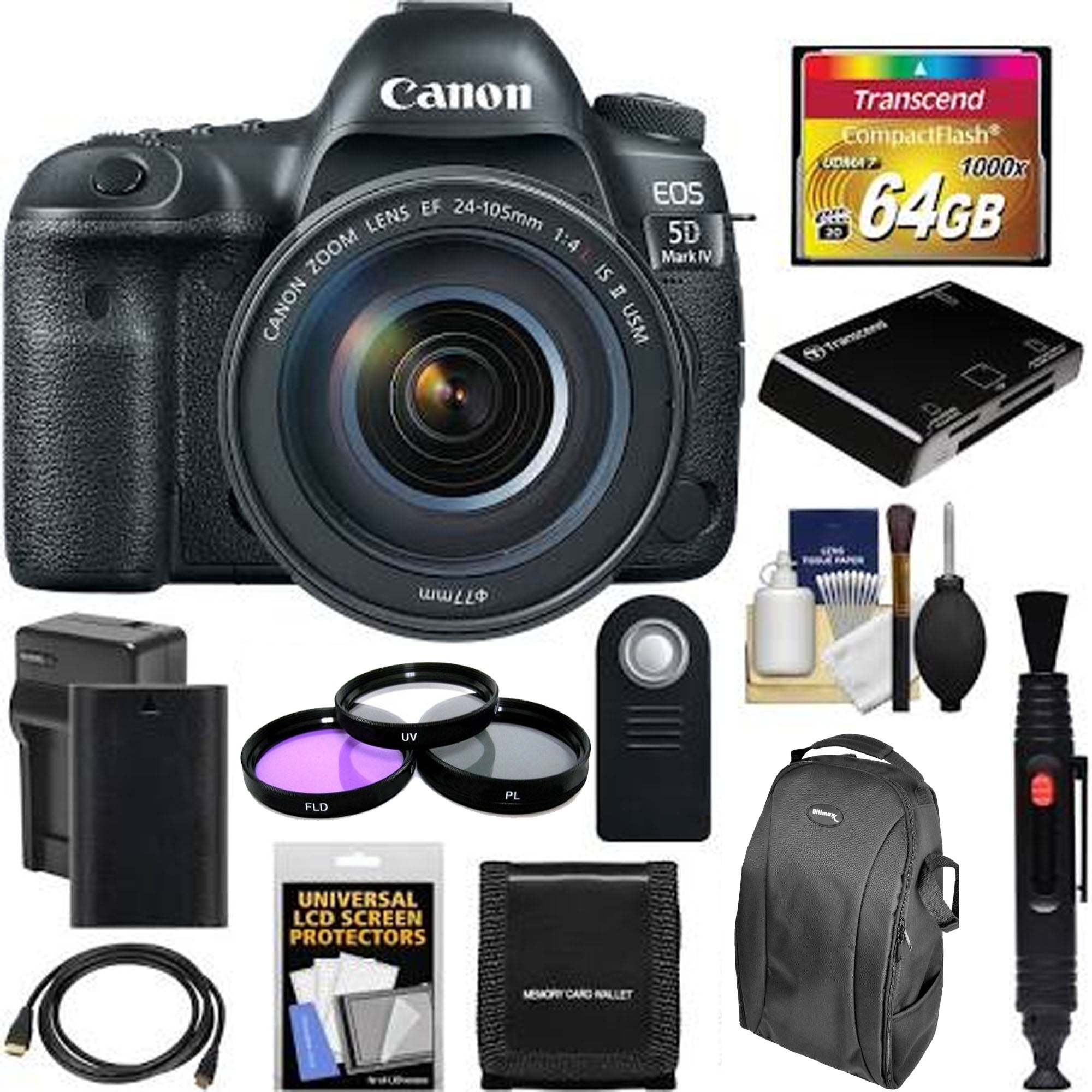 Canon EOS 5D Mark IV DSLR Camera with EF 24-105mm f/4L IS II USM Lens Kit - Includes 64GB Memory Card, Battery, Charger, Backpack & 3 Filters - Professional Photography for Weddings, Travel & Portrait Shooting