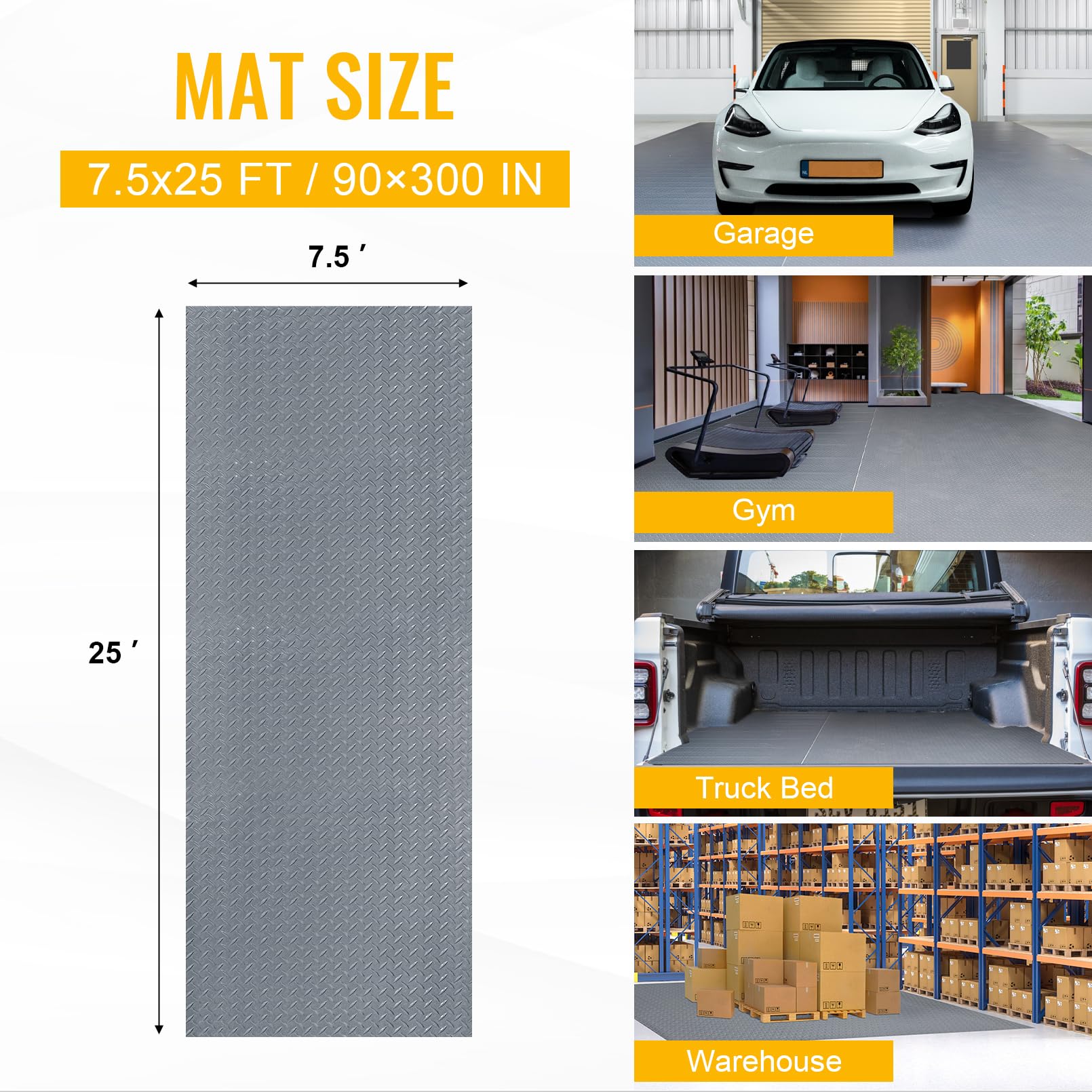 7.5x25 FT Garage Floor Mat - 2.8mm Thick Diamond Plate PVC Rubber Trailer Mat (188 sqft) | Non-Slip Floor Protector for Garage, Warehouse, Gym & Boat | Heavy Duty, Durable & Waterproof | Perfect for Vehicle Parking, Workout Areas & Equipment Protection (Gray)