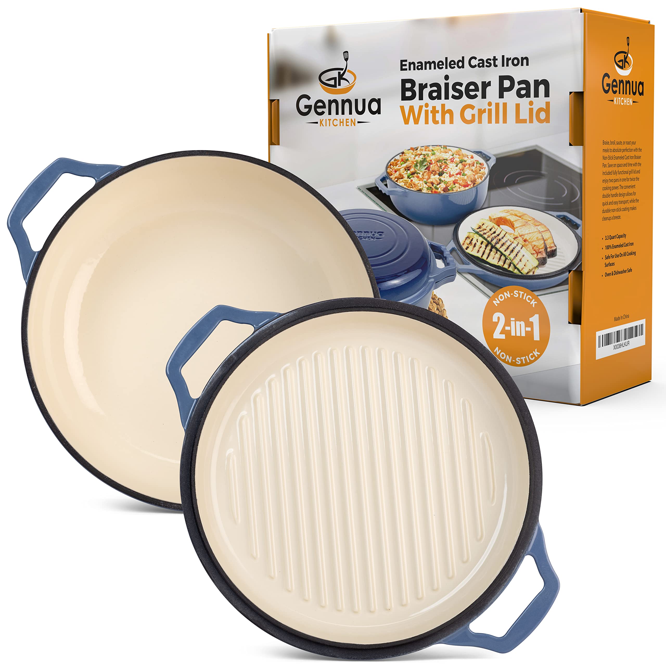 2-in-1 Enameled Cast Iron Braiser Pan with Grill Lid - 3.3-Quart Small Dutch Oven, Casserole & Stovetop Grill Pan, Durable Cast Iron Cookware for Roasting, Baking, Searing & Grilling - Perfect for Kitchen, Camping & Outdoor Cooking
