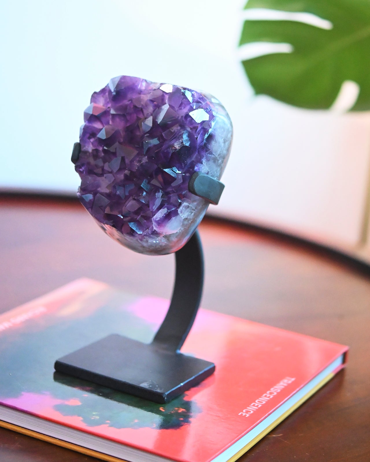 Natural Amethyst Crystal Geode on Wooden Stand - 4.4lbs Raw Purple Quartz Cluster - Home Decor, Meditation & Healing Crystal Gift