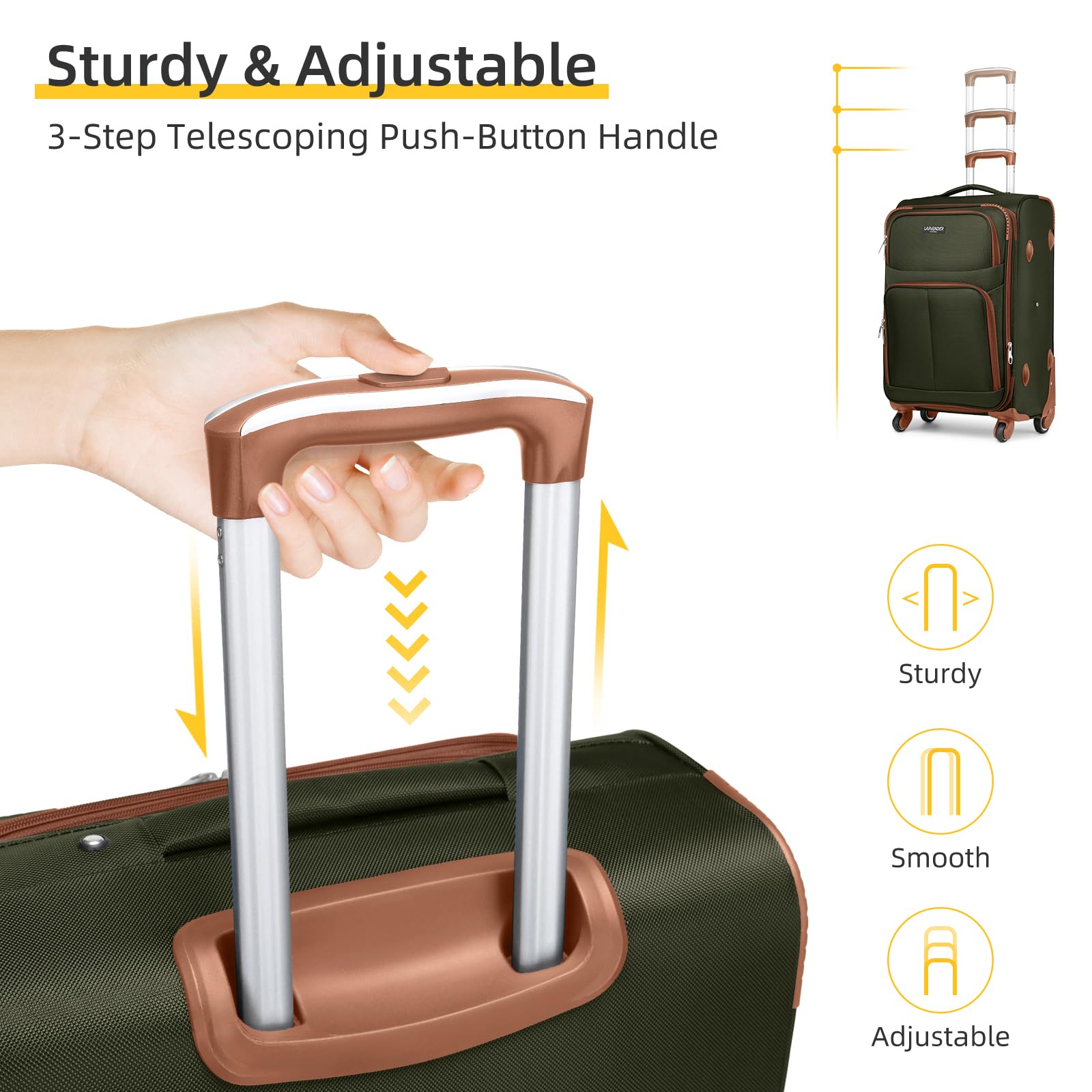 5-Piece Lavender Softside Expandable Luggage Set with Spinner Wheels & TSA Lock - Lightweight Rolling Suitcase for Travel - Green & Brown Soft Shell Carry-On for Men & Women - Perfect for Family Vacations, Business Trips & International Travel