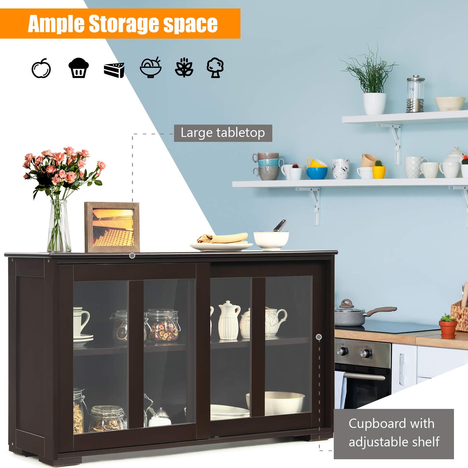 Costzon Wooden Sideboard Buffet Cabinet with Adjustable Shelf & Sliding Glass Doors - Kitchen Storage Cabinet, Coffee Bar Console Table for Living Room, Dining Room, Hallway - Perfect for Home Decor & Entertaining Guests