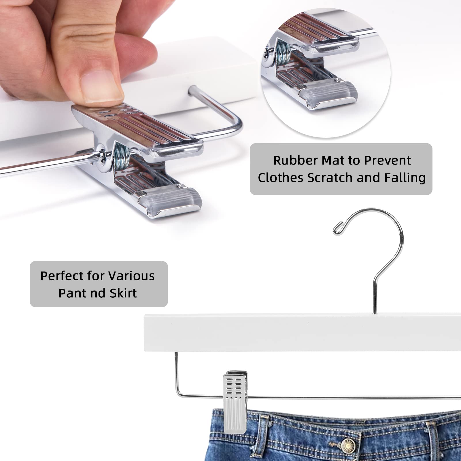 Nature Smile 10-Pack Wooden Pants Hangers with Clips - Anti-Rust Hooks for Jeans, Skirts & Trousers - Space-Saving Closet Organizer (White) | Perfect for Home, Office & Travel Wardrobe Storage