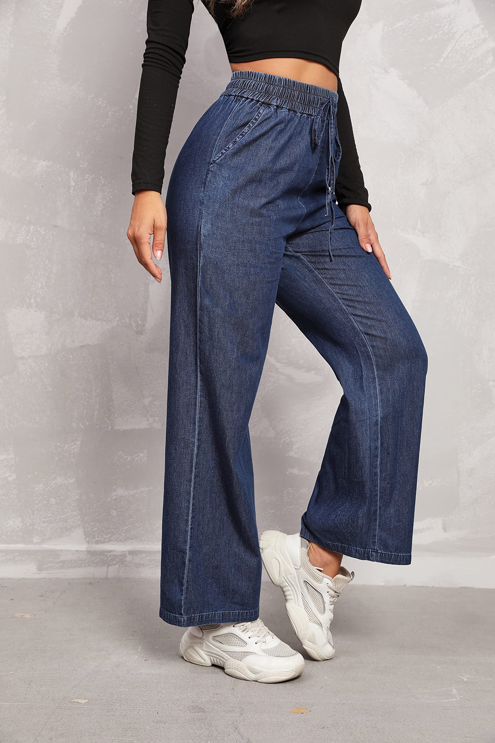 Love Welove Women's Fashion Wide Leg Jeans - Elastic High Waist Pull On Stretch Denim Pants with Drawstring, Plus Size 3XL | Casual Chic Outfit for Streetwear & Everyday Comfort