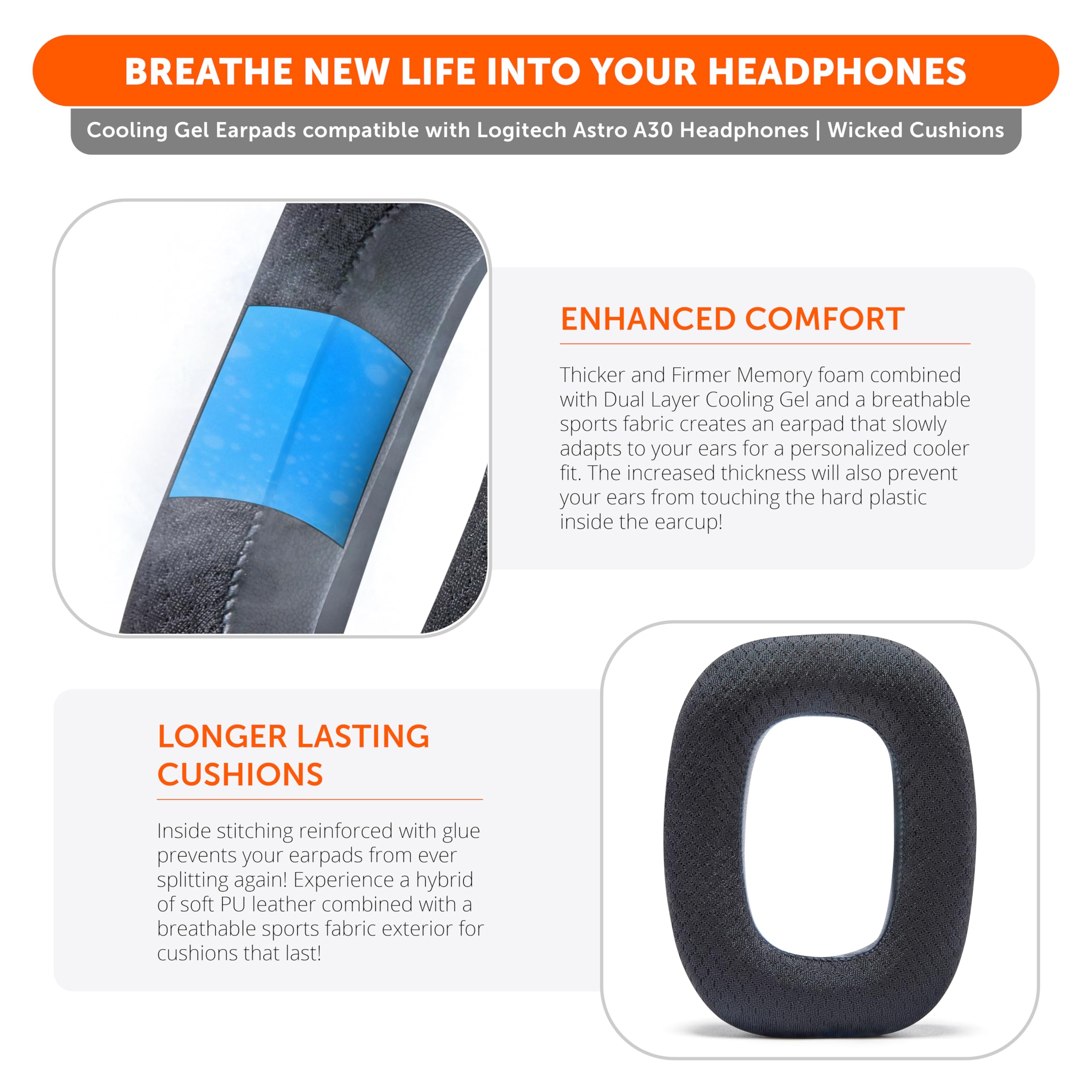 Wicked Cushions WC Freeze A30 Cooling Gel Earpads for Logitech Astro A30 Headphones - Enhanced Comfort, Durability & Noise Isolation for Gaming, Work & Music | Black | Stay Cool During Long Sessions