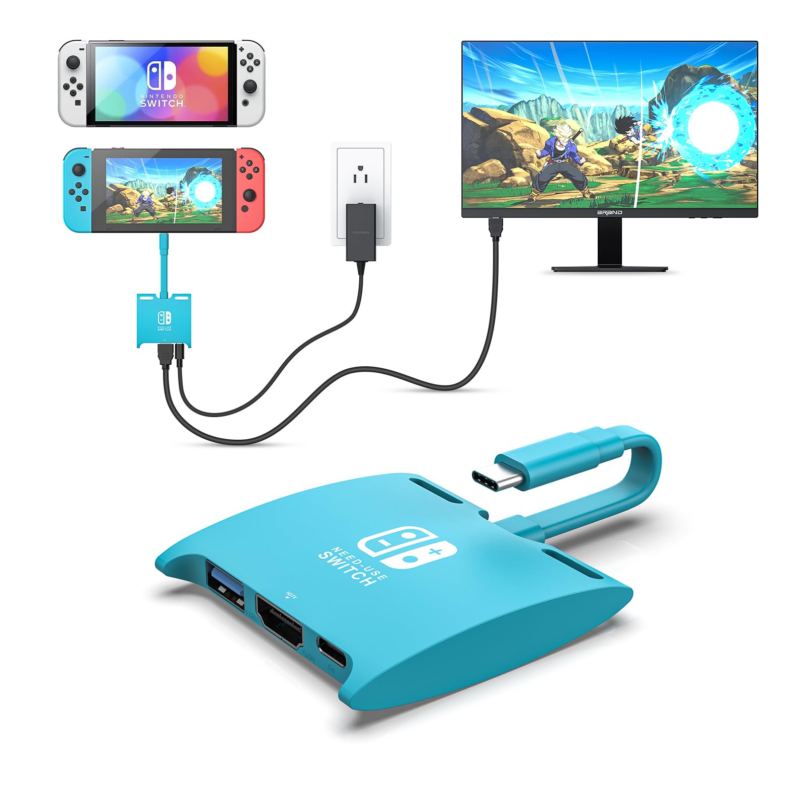 Nintendo Switch/OLED Dock Adapter - Portable TV Charging Station with HDMI & USB 3.0 Ports, 100W Fast Charging, USB-C to HDMI Mini Travel Dock for Switch, MacBook, Samsung Devices (Blue) - Perfect for Gaming, Travel & Home Entertainment