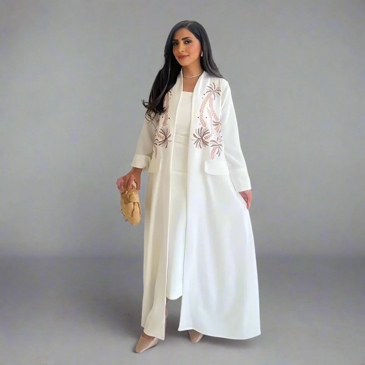 Elegant Embroidery Cardigan Open Abaya Dress for Women - Modest Islamic Fashion with Floral Design #25172 - Perfect for Prayer, Eid Celebrations and Special Occasions