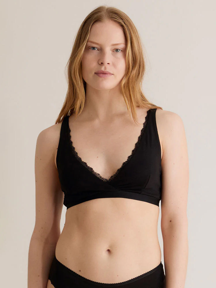 Komodo Margot Organic Cotton Lace Trim Bra - Black | Comfortable Wireless Bralette for Everyday Wear & Sleep
