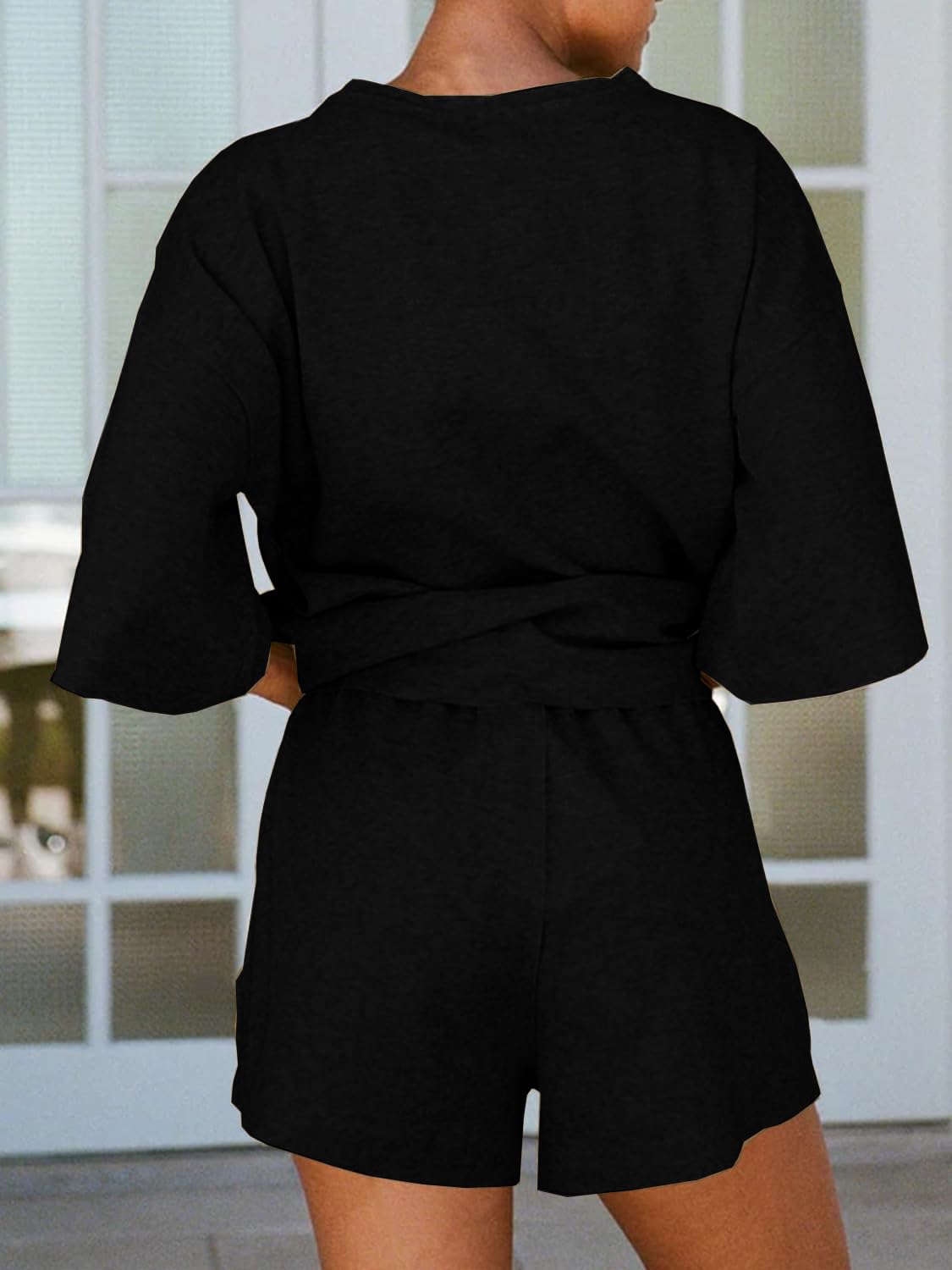 JAWINT Women's 2 Piece Outfit Set - Casual 3/4 Sleeve Top & Elastic Waist Shorts - Oversized Shirt Lounge Pajama Set for Home, Sleepwear & Relaxation