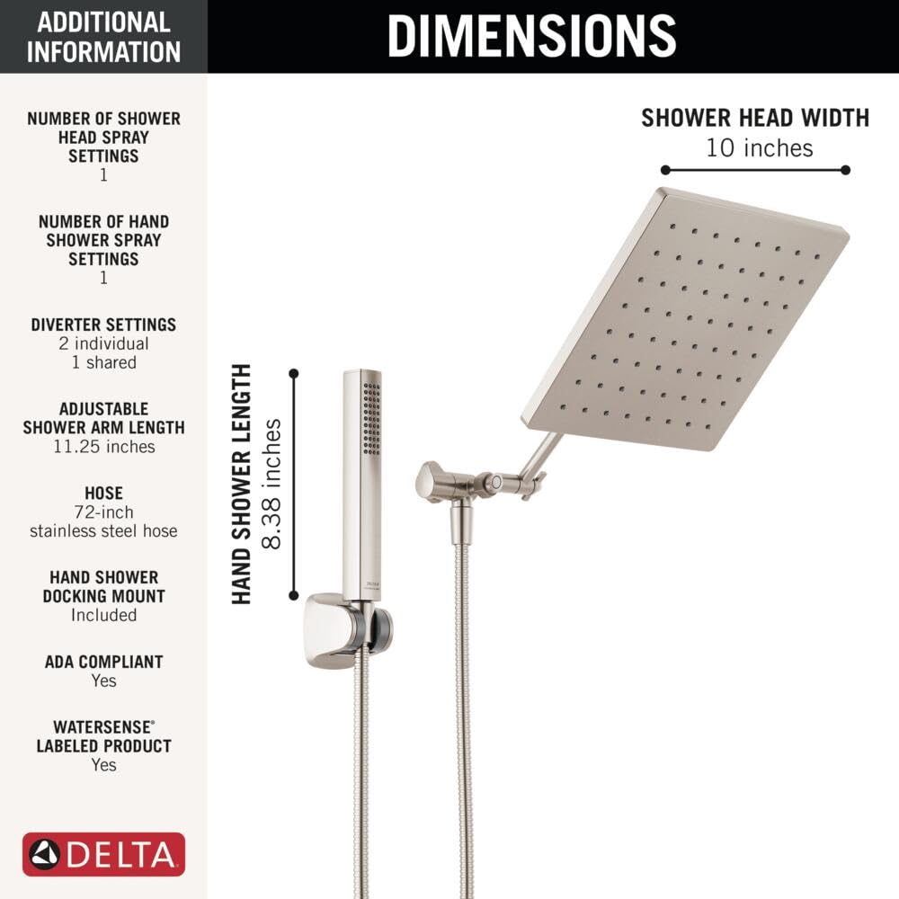 Delta Faucet 10-Inch Raincan Shower Head with Handheld Shower Combo - Brushed Nickel Square Rainfall Shower Head - 1.75 GPM Flow Rate - Spotshield Finish - Perfect for Luxurious Spa-Like Showers and Easy Cleaning (Model 75527-SN)