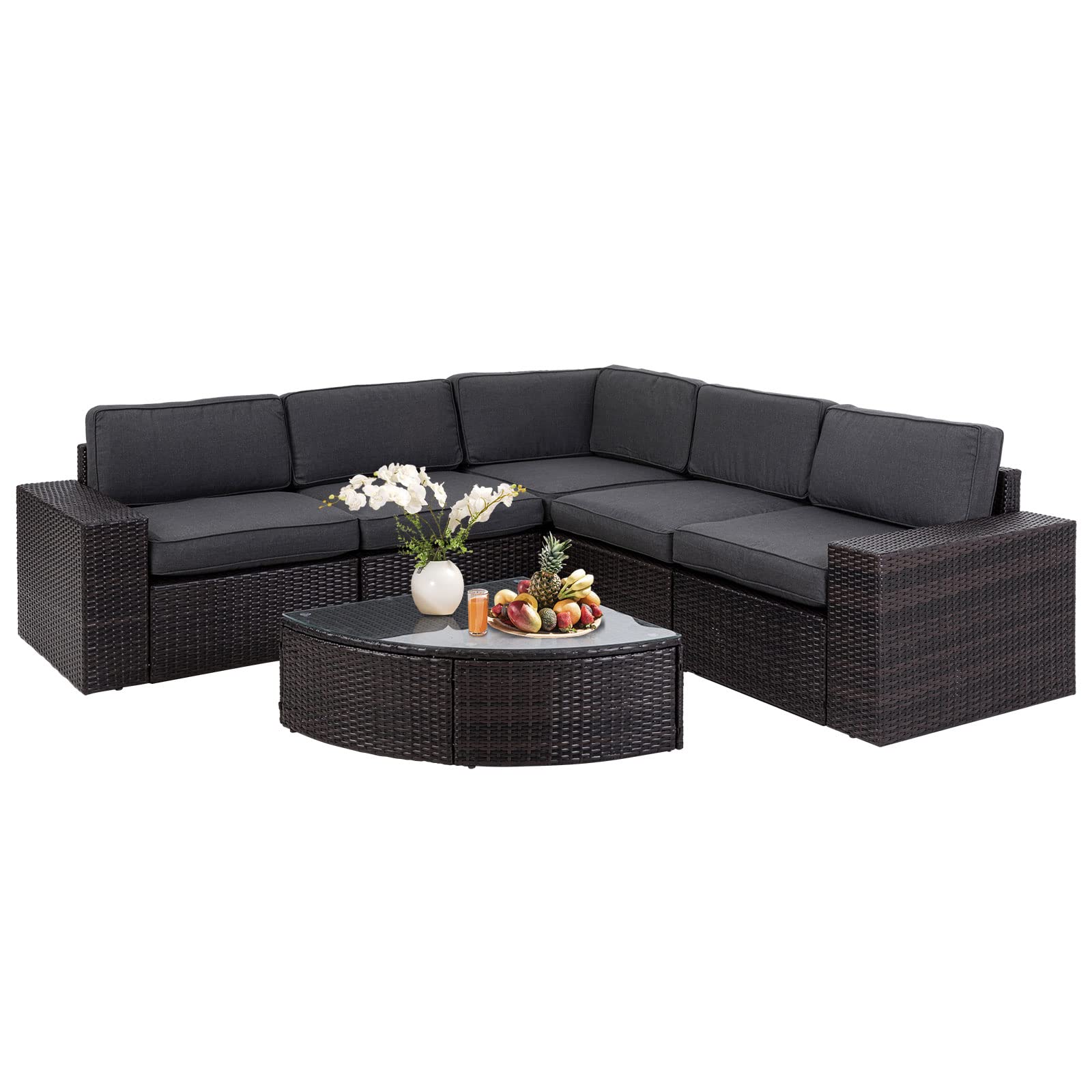 6-Piece Outdoor Sectional Sofa Set - Patio Wicker Furniture with Tempered Glass Table & Cushions (Grey) - Perfect for Backyard, Garden, Poolside & Outdoor Conversations
