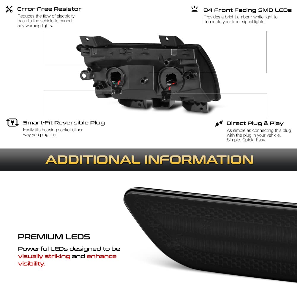 VIPMOTOZ Sequential Full LED Turn Signal & Parking Lights - Smoked Tinted Lens, Black Housing - Compatible with 2018-2023 Jeep Wrangler JL (Driver & Passenger Side Pair) - Enhanced Visibility & Style for Off-Road Adventures & Night Driving