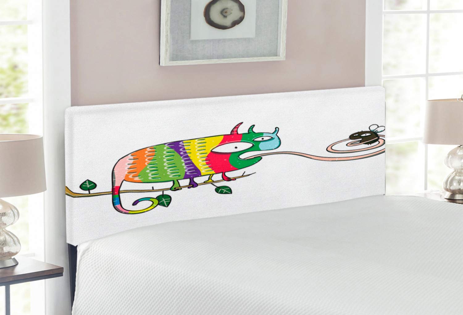 Ambesonne Full Size Upholstered Metal Bed Headboard with Memory Foam - Colorful Chameleon Cartoon Print, Reptile Theme Decorative Headboard for Bedroom Decor | Perfect for Kids Rooms, Dormitories & Animal Lover's Bedroom