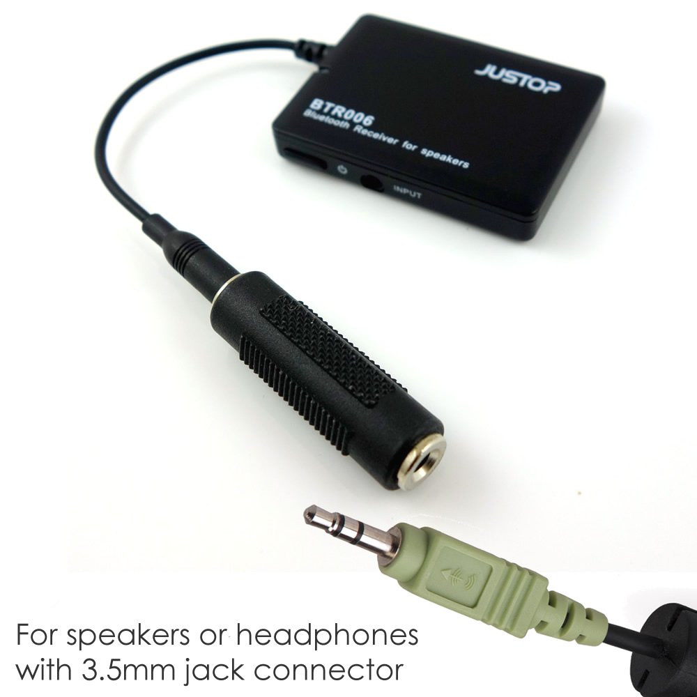 JUSTOP BTR006 Wireless Bluetooth Audio Receiver - 3.5mm Jack, Universal Speaker Adapter, Built-in Rechargeable Battery, Audio Cable & 3.5mm Adapter for Home Stereo, Car Audio, and Portable Speakers