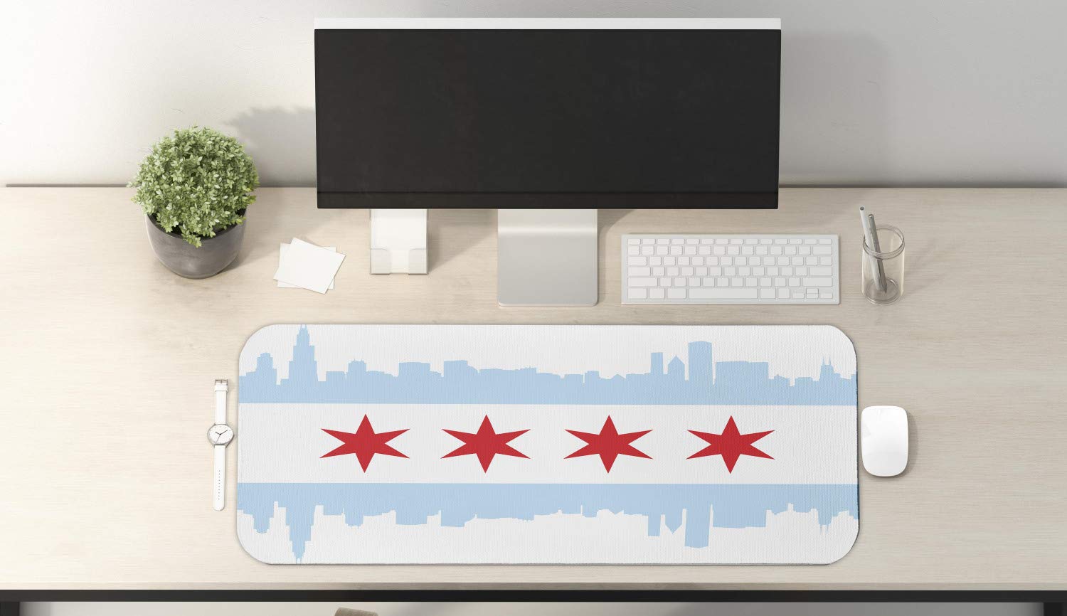 Ambesonne Chicago Skyline Mouse Pad - Non-Slip Rubber Gaming Mousepad with City Flag & Skyline Design, Large 31