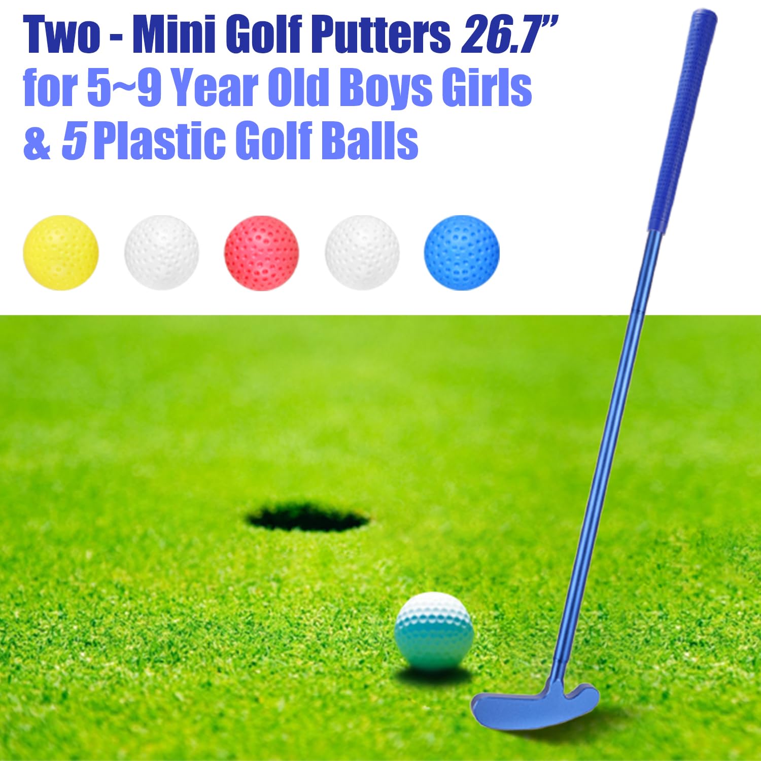 Kids Metal Golf Clubs Set for Beginners - Includes 2 Metal Golf Putters & 5 Plastic Balls | Outdoor Sports Toy Gift for Boys & Girls Ages 6-9 | Perfect for Backyard Practice, Birthday Presents & Family Fun