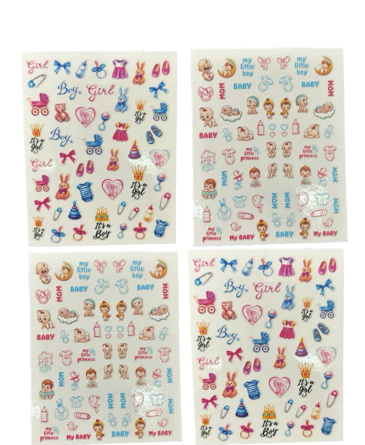 Baby Shower Nail Art Stickers Set - 4 Cute Designs for Girls, Women & Bridal Showers - Perfect for Baby Shower Parties, Gender Reveals & Special Occasions