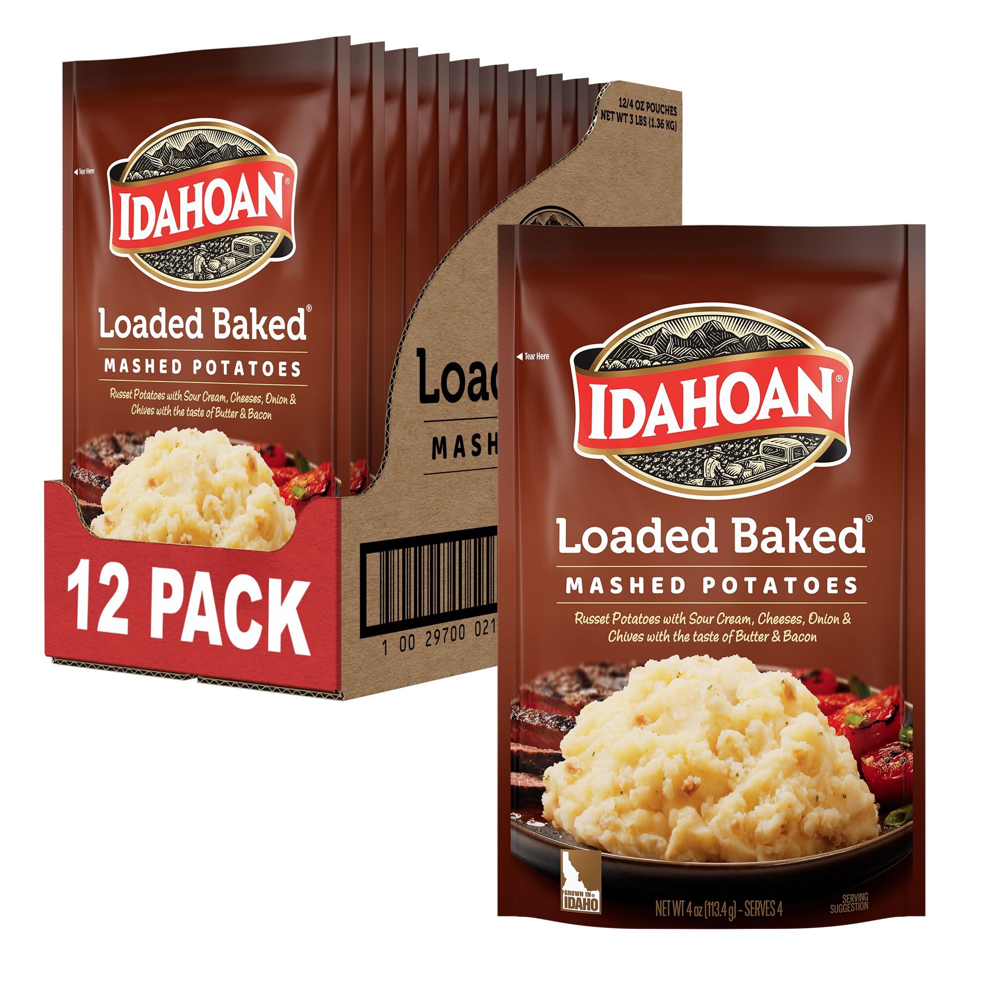 Idahoan Loaded Baked Mashed Potatoes, 4-Ounce Pack of 12 | Instant Potato Mix with Cheese, Bacon & Chives | Perfect for Quick Meals, Camping & Holiday Dinners