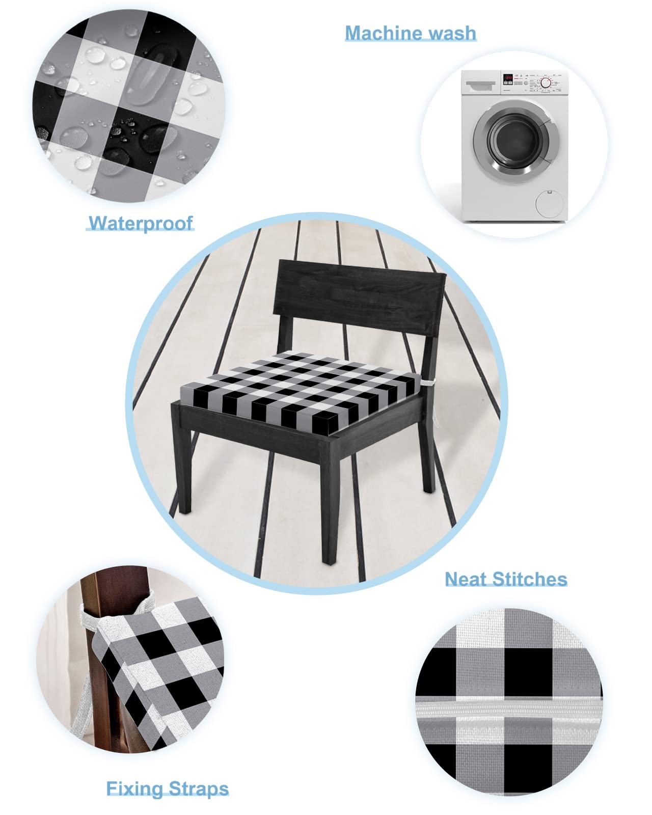 Waterproof Indoor Outdoor Seat Cushion Covers 4 Pack - Black White Buffalo Plaid Patio Chair Slipcovers with Ties (20x18 Inch) - Farmhouse Style for Garden, Deck, Poolside & Camping Chairs