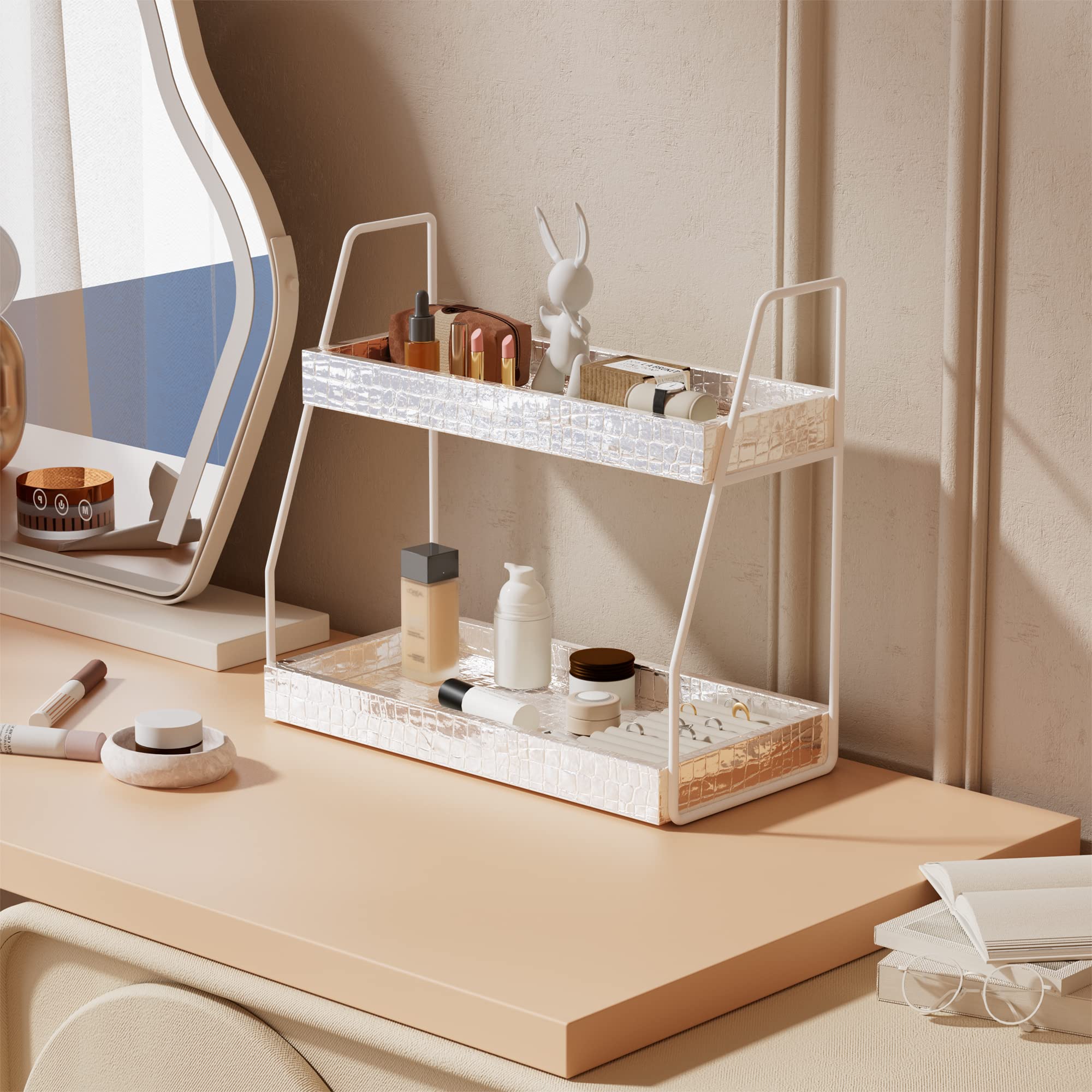 Premium 2-Tier Bathroom Countertop Organizer - Faux Leather Makeup & Vanity Storage Tray with Non-Slip Base (Silver) | Perfect for Cosmetics, Jewelry & Skincare Organization in Bathroom, Bedroom or Dressing Table