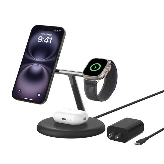 Belkin 3-in-1 Qi2 Wireless Charging Stand - Fast Charge for iPhone, Samsung & AirPods - Perfect for Home, Office & Nightstand Use
