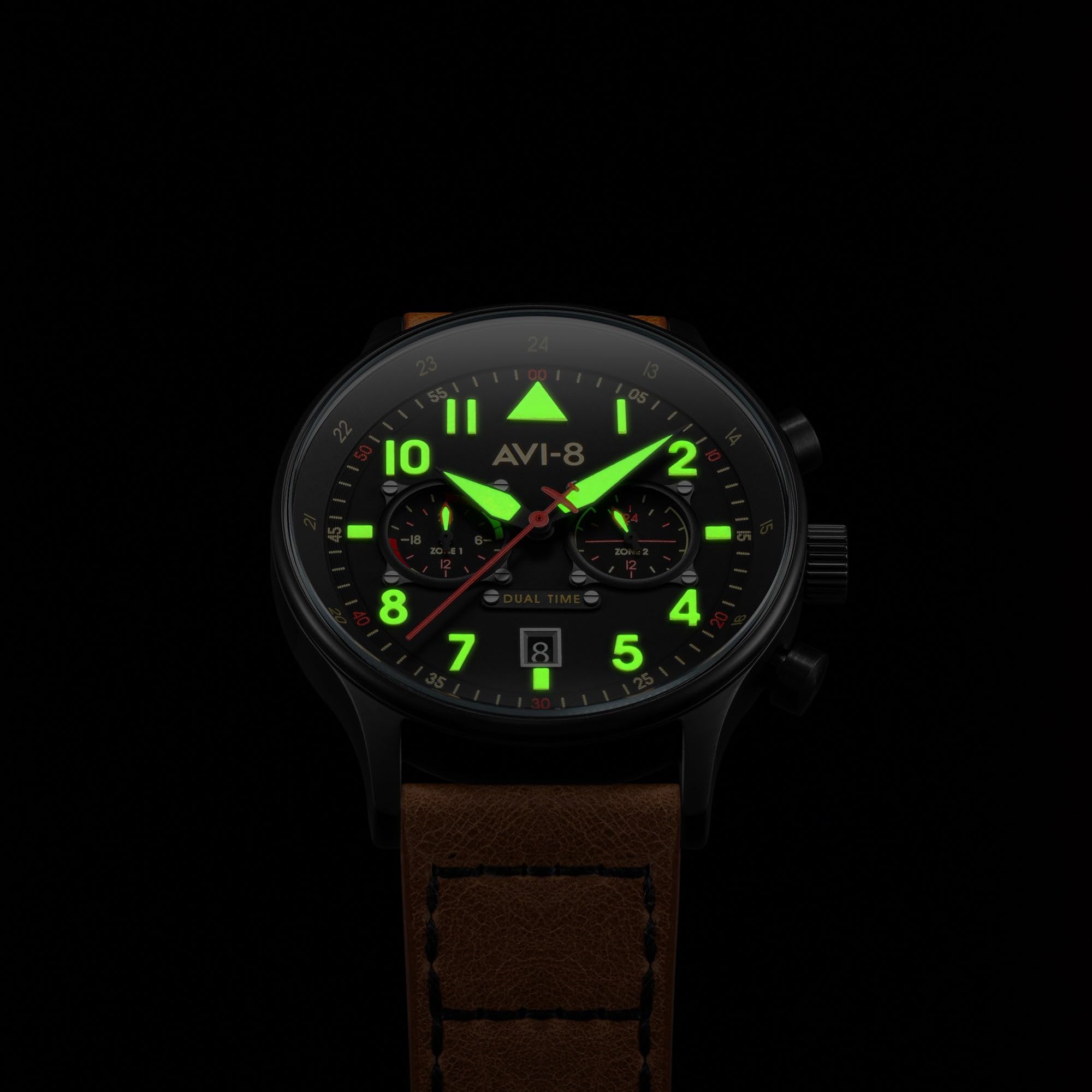 AVI-8 Men's 43.5mm Hawker Hurricane Carey Dual Time Japanese Quartz Pilot Watch with Leather or Stainless Steel Strap AV-4088 - Perfect for Aviation Enthusiasts, Business Travel & Everyday Wear
