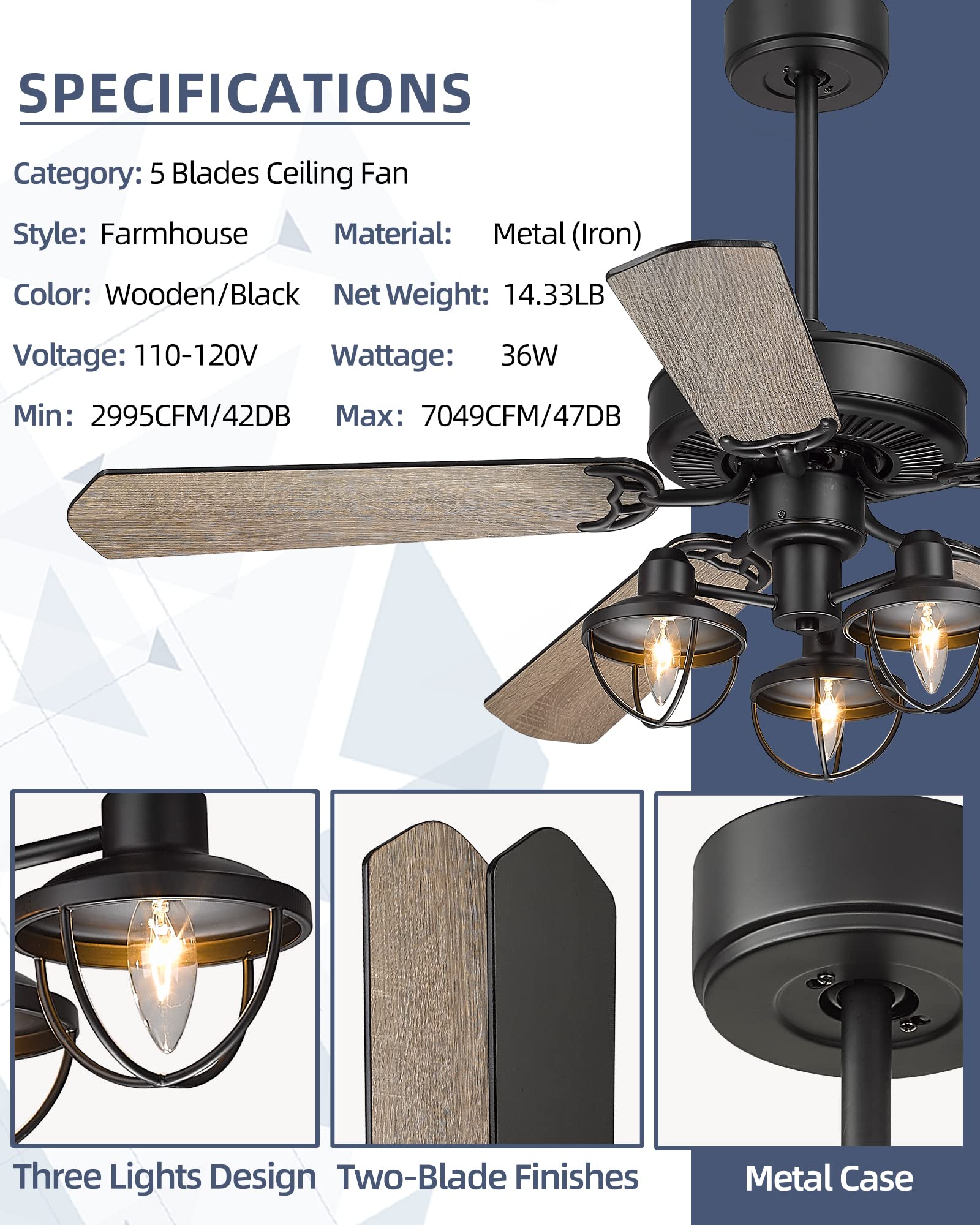 52 Inch Farmhouse Wooden Ceiling Fan with Lights - Industrial Style Remote Control Ceiling Fan, 5 Reversible Blades Indoor/Outdoor Use, Matte Black/Barnwood Finish - Perfect for Living Room, Bedroom, Patio, and Covered Porch