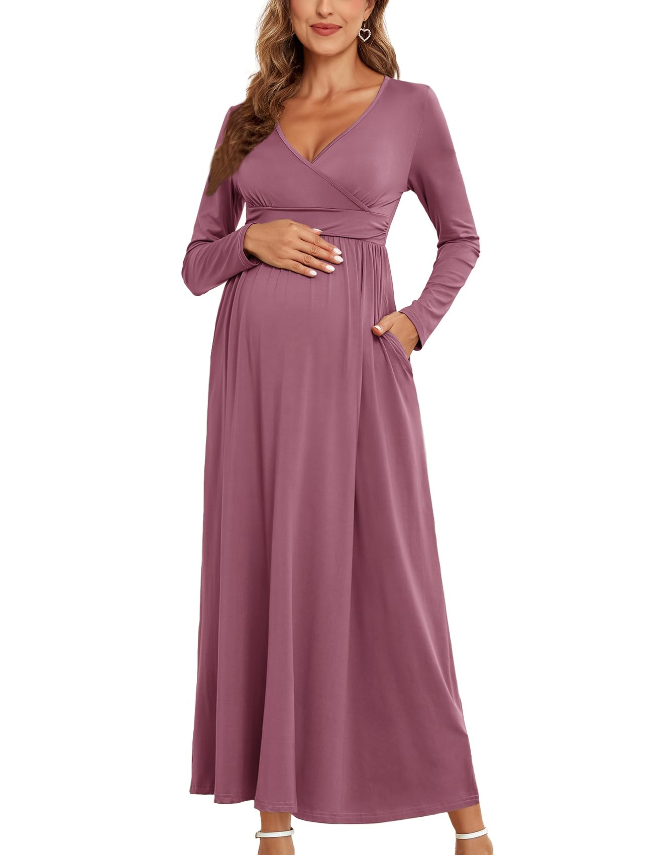 2025 Maternity Maxi Dress for Women - Long Sleeve Wrap V-Neck Pregnancy Dress with Pockets | Baby Shower, Photoshoot & Formal Occasions | Comfortable Nursing Dress for Expecting Mothers