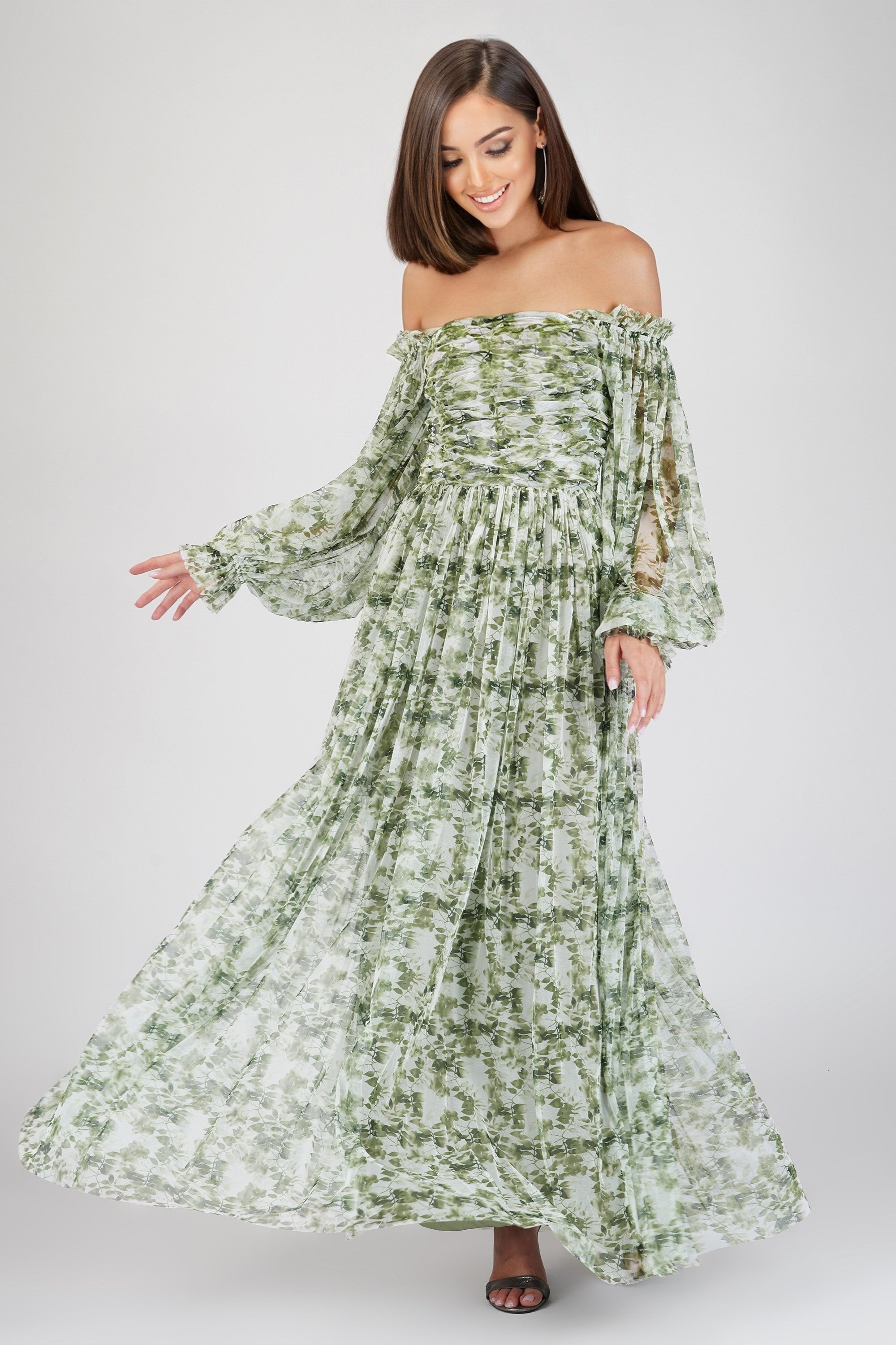 Lana Green Floral Printed Tulle Dress for Women - Elegant Party Gown for Weddings, Prom, Evening Events & Special Occasions