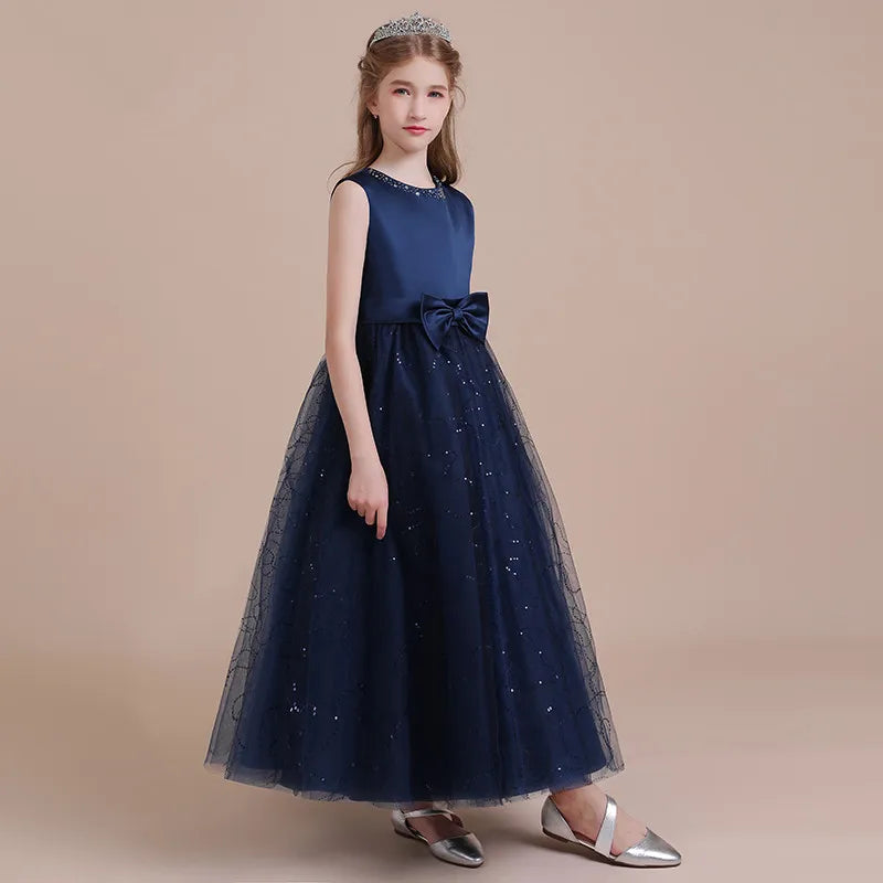 Elegant Navy Satin Tulle Long Formal Party Gown with Glitter Flowers - Flower Girl Dress for Birthday, Wedding & Special Occasions | Perfect for Pageants, Quinceañeras & Holiday Celebrations