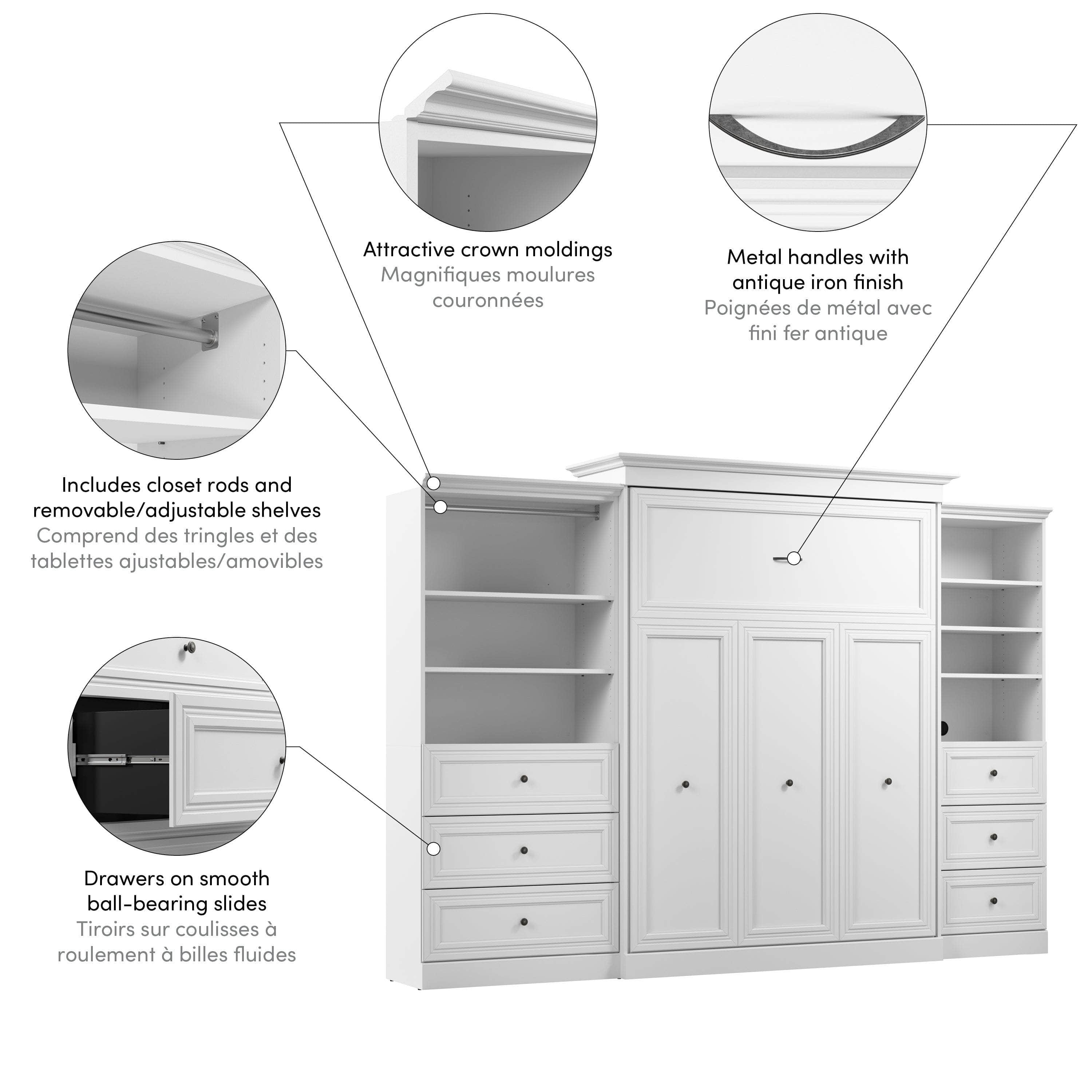 White Queen Murphy Wall Bed with Closet Organizers & Drawers - Space Saving Foldable Bed for Small Apartments, Guest Rooms & Home Offices