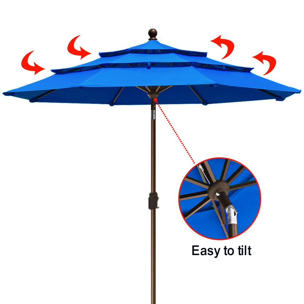 EliteShade USA 10-Year Fade-Resistant 9Ft 3-Tier Patio Umbrella with Ventilation - Royal Blue Outdoor Market Umbrella for Dining Tables, Poolside, and Beach Use