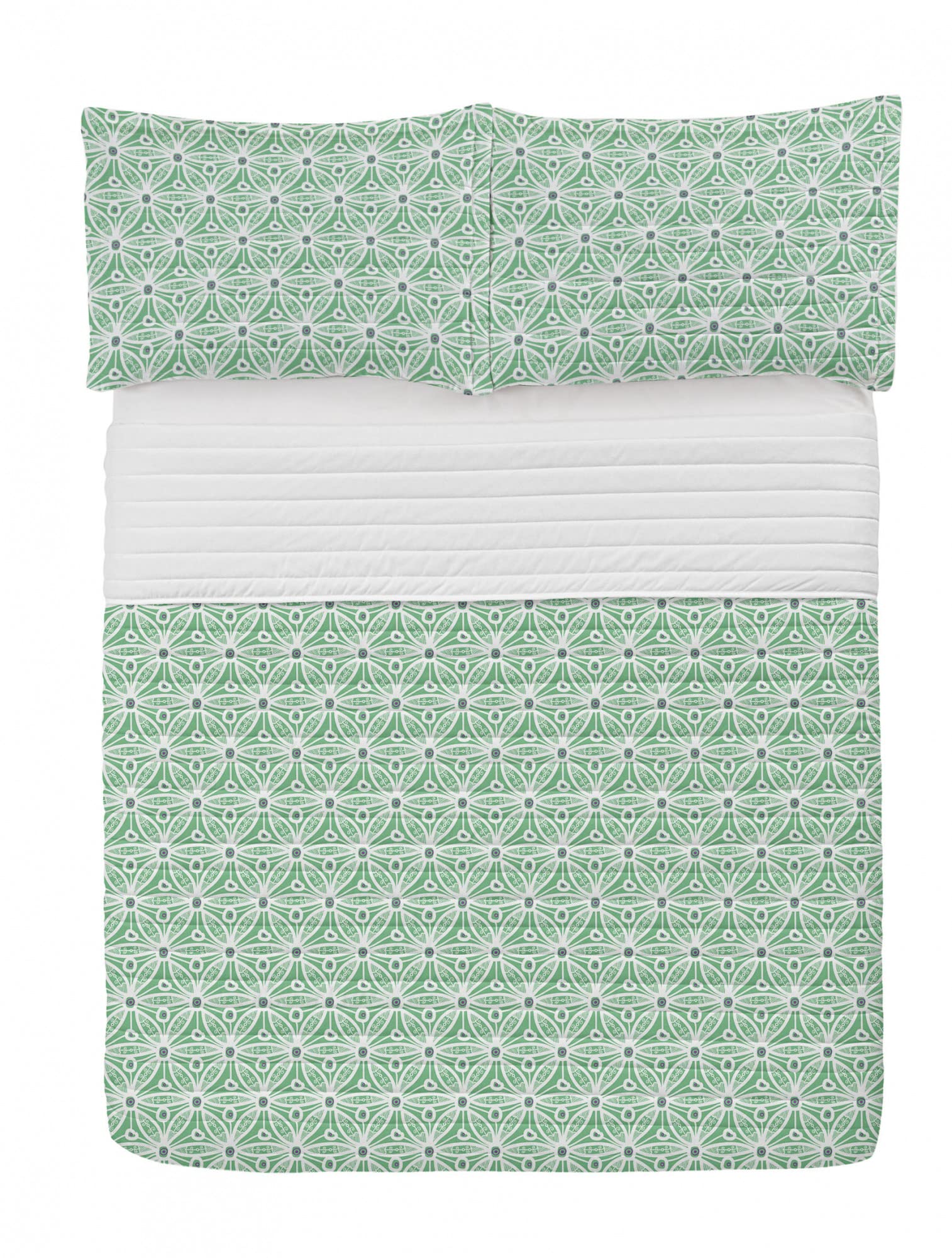 Ambesonne Abstract Microfiber Bedspread Set - Hexagonal Geometric Pattern with Ethnic Folk Design, Soft King Size Bedding Set Includes Pillow Shams & Comforter in Sea Green & White - Perfect for Modern Bedrooms, Guest Rooms & Bohemian Home Decor