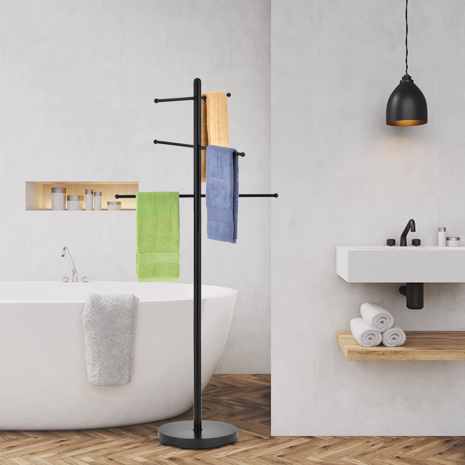 MyGift 6-Bar Modern Black Freestanding Outdoor Pool Towel Rack - Heavy Duty Metal Towel Holder for Bathroom, Hot Tub, Spa & Poolside - Round Weighted Base for Stability - Perfect for Beach Houses, Resorts & Backyard Lounging