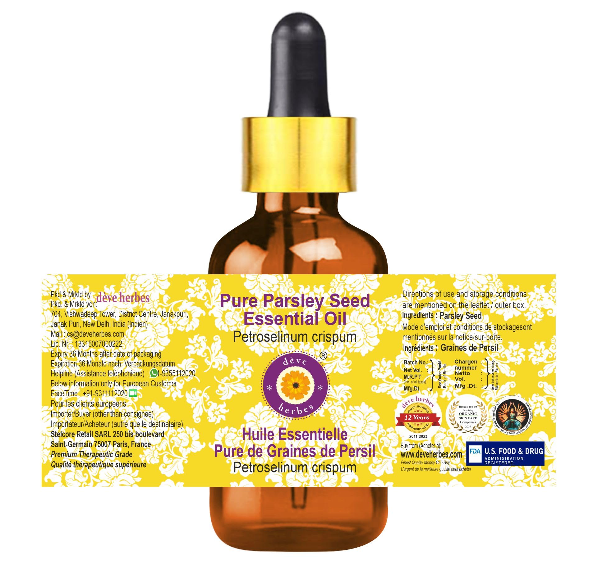 Deve Herbes Pure Parsley Seed Essential Oil (Petroselinum crispum) - 5ml Steam Distilled with Glass Dropper - Natural Aromatherapy for Relaxation & Skin Care