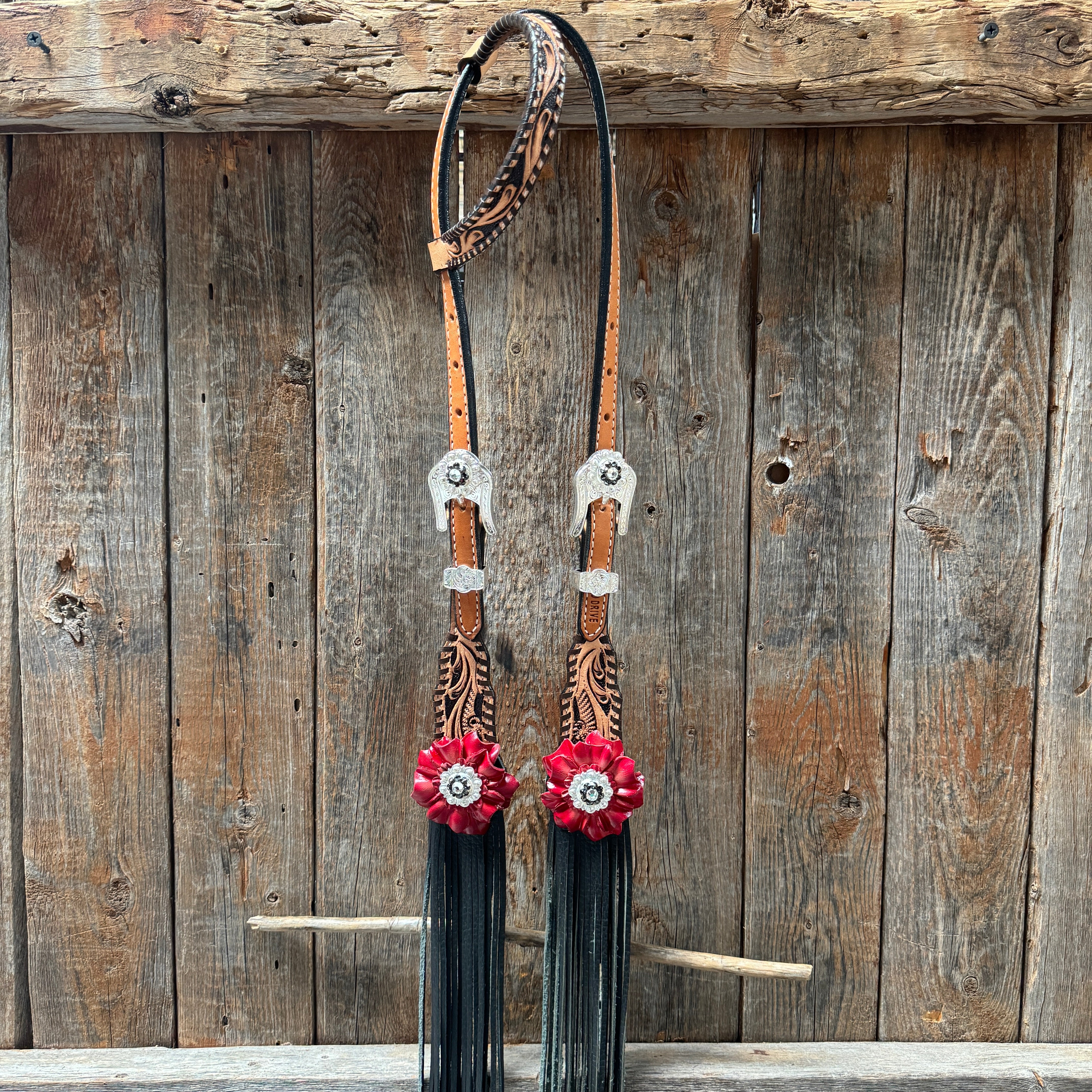 Floral Whipstitch Black and Red Browband with One Ear Triangle & Gladiator Breastcollar Tack Set #BBBC642 for Equestrian Show & Dressage Riding