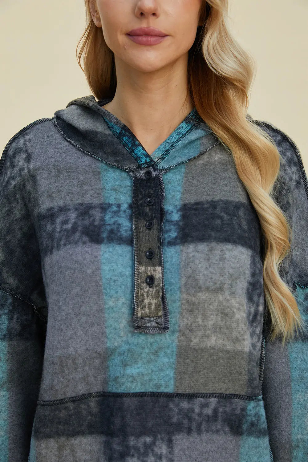 Double Take Full Size Plaid Dropped Shoulder Hoodie - Cozy Oversized Sweatshirt for Men & Women - Perfect for Casual Wear, Loungewear, and Outdoor Activities