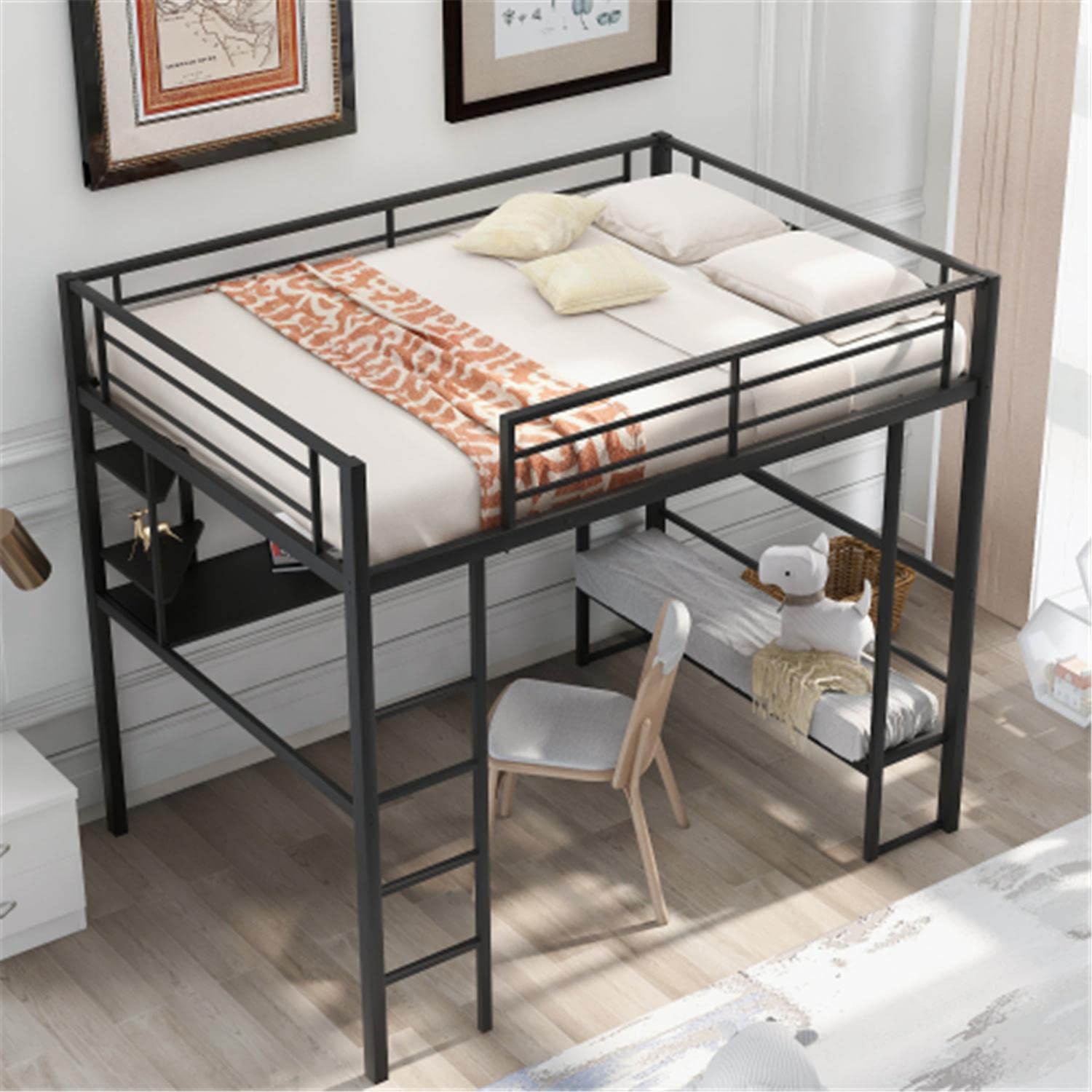 Black Full Metal Loft Bed Frame with Built-in Desk & Shelves - Sturdy Guardrail & Space-Saving Design for Small Rooms - Perfect for Kids, Teens & College Dorm Rooms