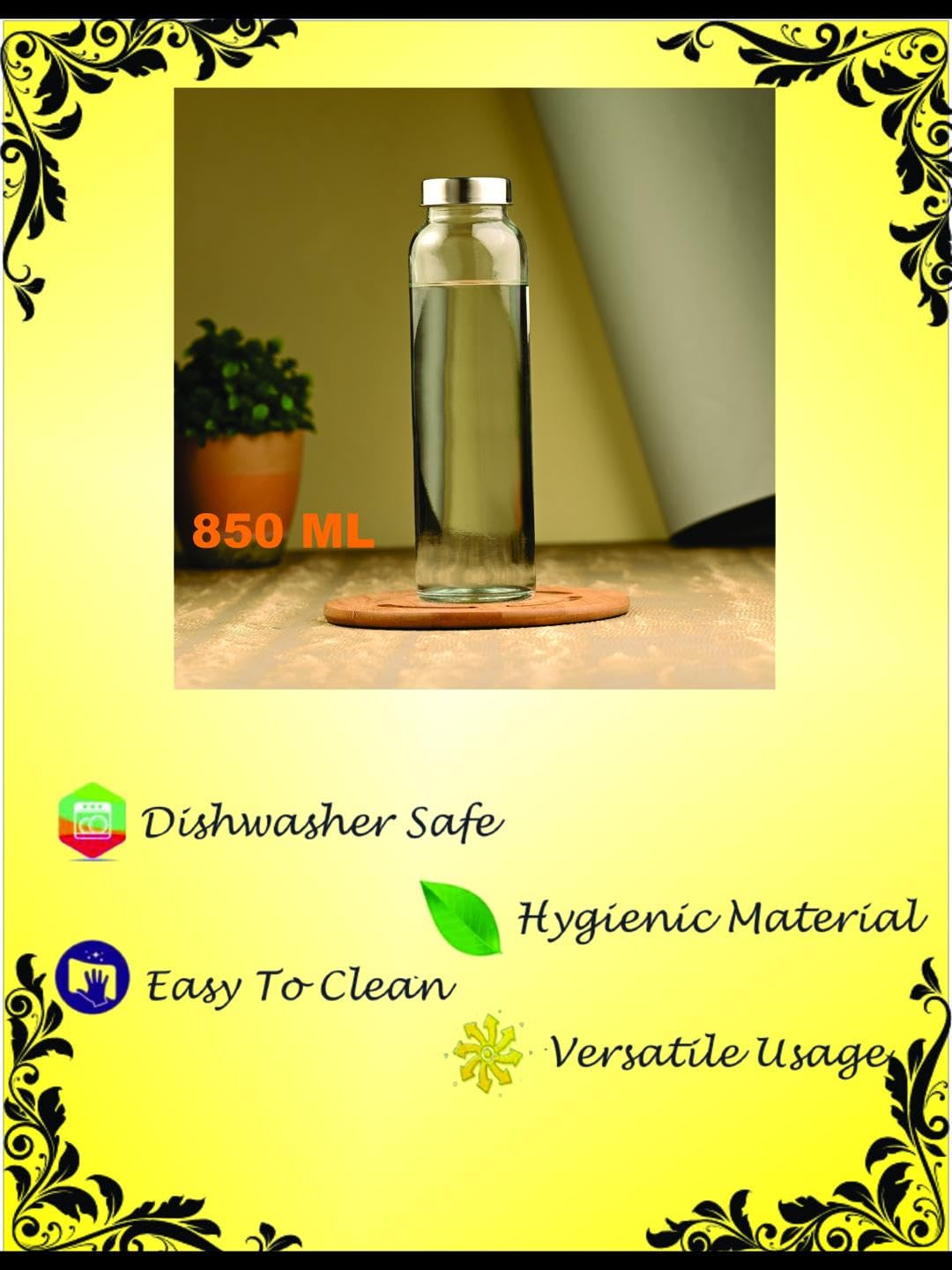 Stylish Sleek Transparent 850ml Glass Beverage Bottle - Food Grade Safe for Water, Juice & Drinks - Perfect for Home, Office, Gym & Outdoor Activities