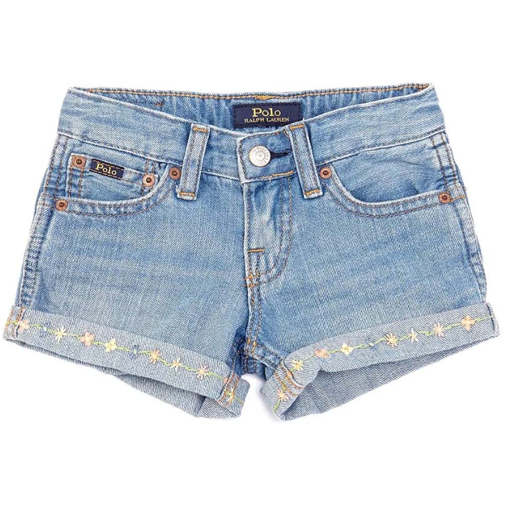 Ralph Lauren Polo Girls Embroidered Floral Hem Denim Shorts - Stylish & Comfortable Denim Shorts for Girls, Perfect for Summer Outfits, Casual Wear & Playdates