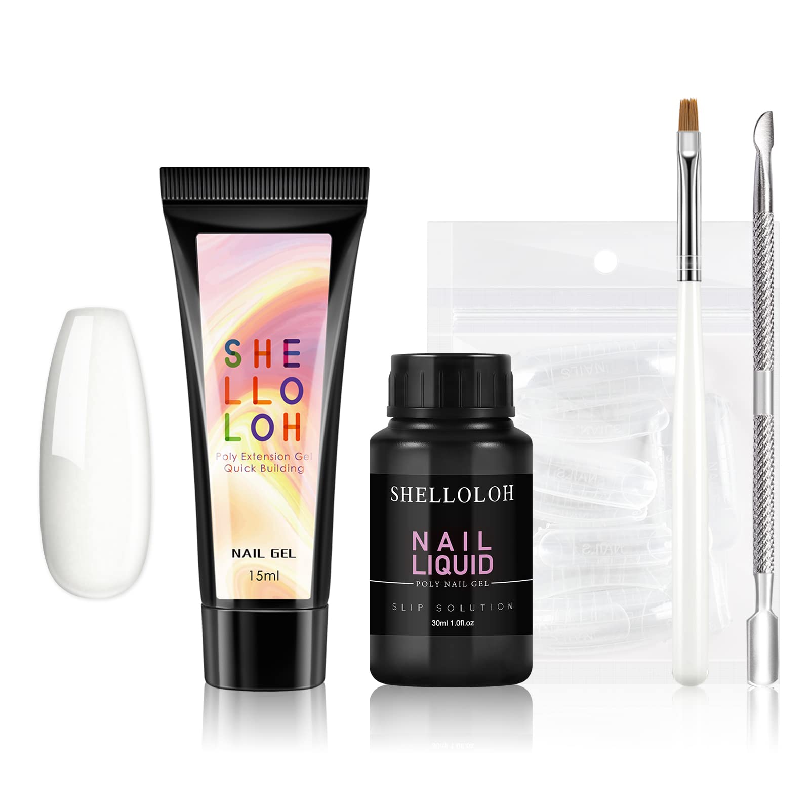 SHELLOLOH Poly Nail Gel Kit - 15ML Clear Poly Extension Gel with Slip Solution, 50pcs Nail Building Tips & Nail Brush - Perfect for DIY Nail Art, Salon Professionals & Beginners - At-Home Manicures, Nail Extensions & Gel Polish Applications