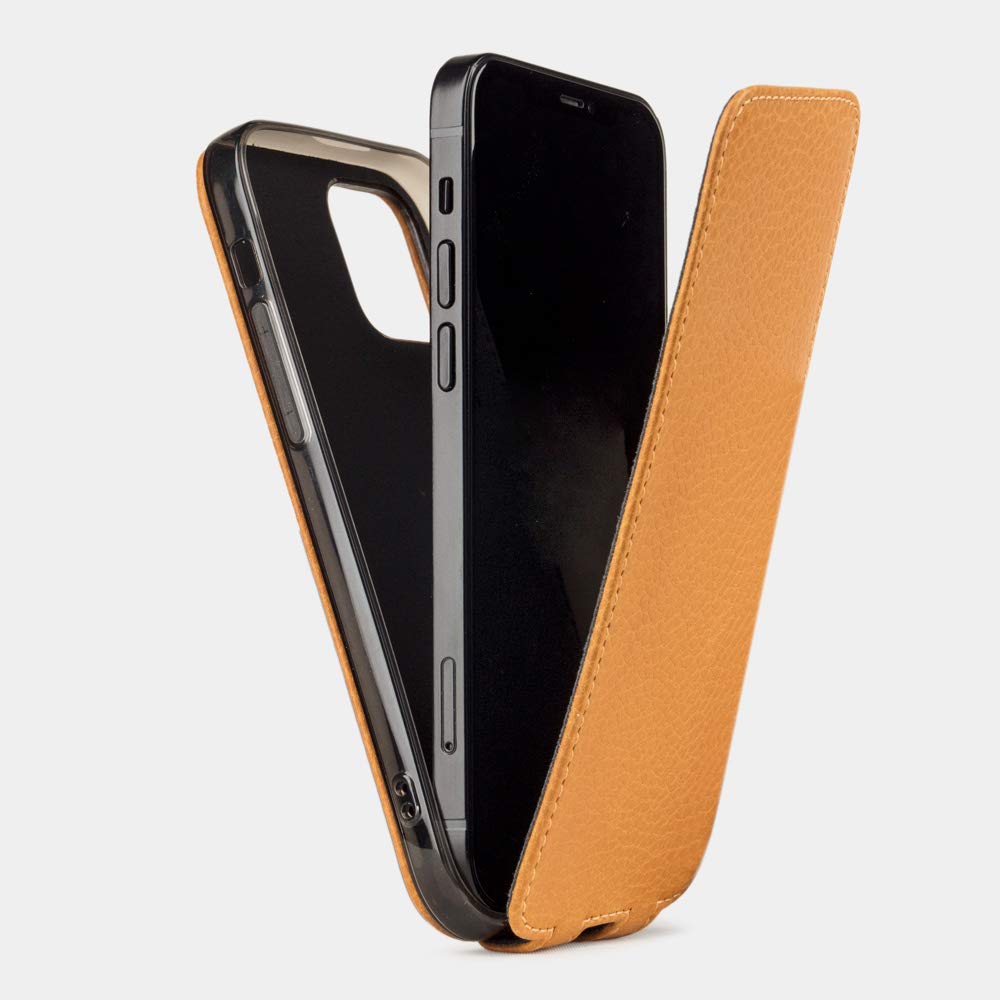 Premium Genuine Leather Flip Case for iPhone 12 Pro Max - French-Made Luxury Protective Cover with Patented Design (Gold) - Perfect for Business Professionals & Everyday Elegance