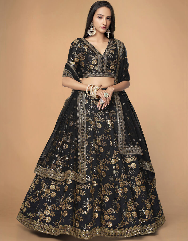 Elegant Black Slub Silk Lehenga Choli Set for Women - Traditional Indian Bridal Wear for Weddings & Festivals