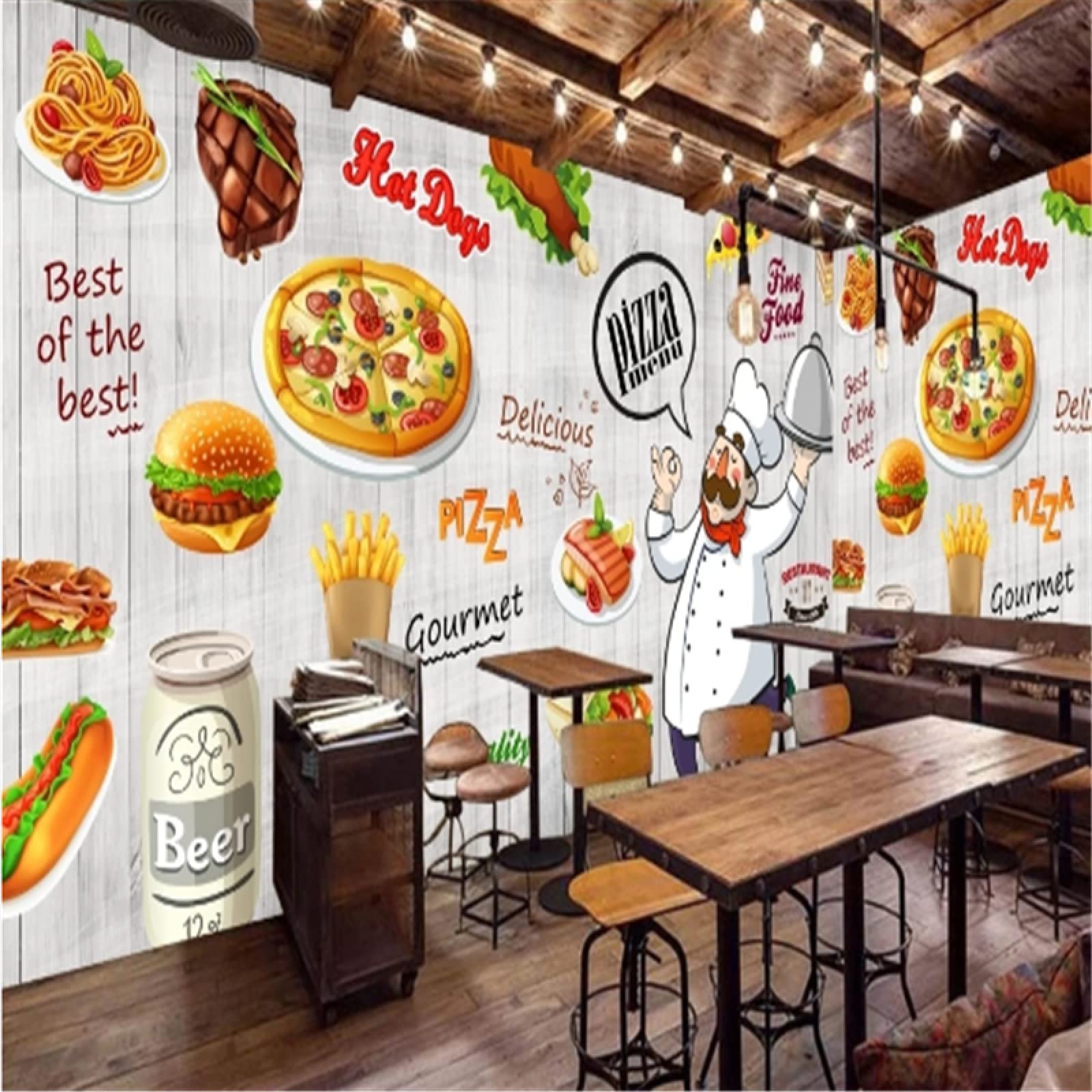 3D Wooden Wall Background Wallpaper - Burger Pizza Hot Dogs Fast Food Theme for Restaurant & Snack Bar Decor (250x175 cm) - Perfect for Diner, Cafe, and Food Truck Interior Design
