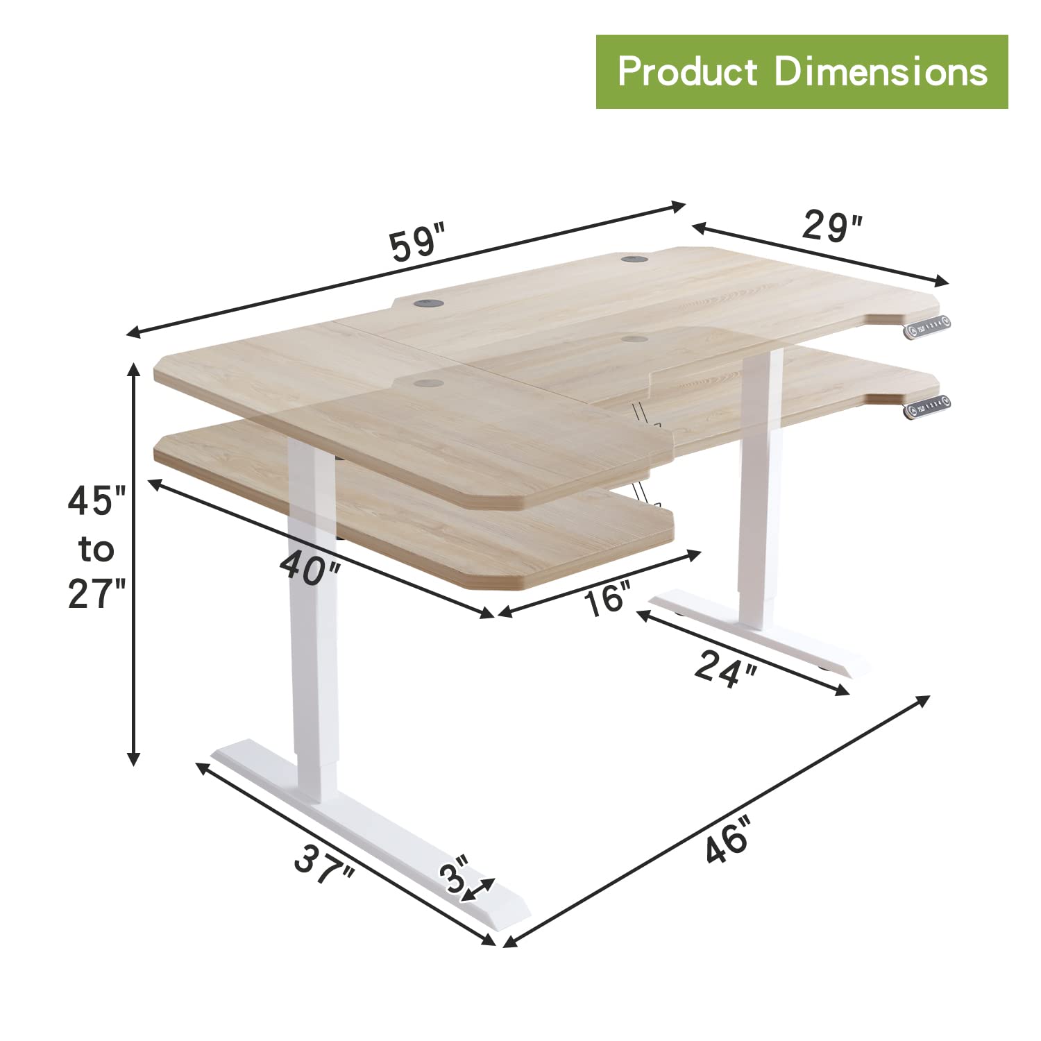 59-Inch Large Electric Height Adjustable L-Shaped Standing Desk with Memory Controller - Ergonomic Corner Workstation with Splice Board (White Frame + Oak Top) - Perfect for Home Office, Gaming Setup & Workspace Organization