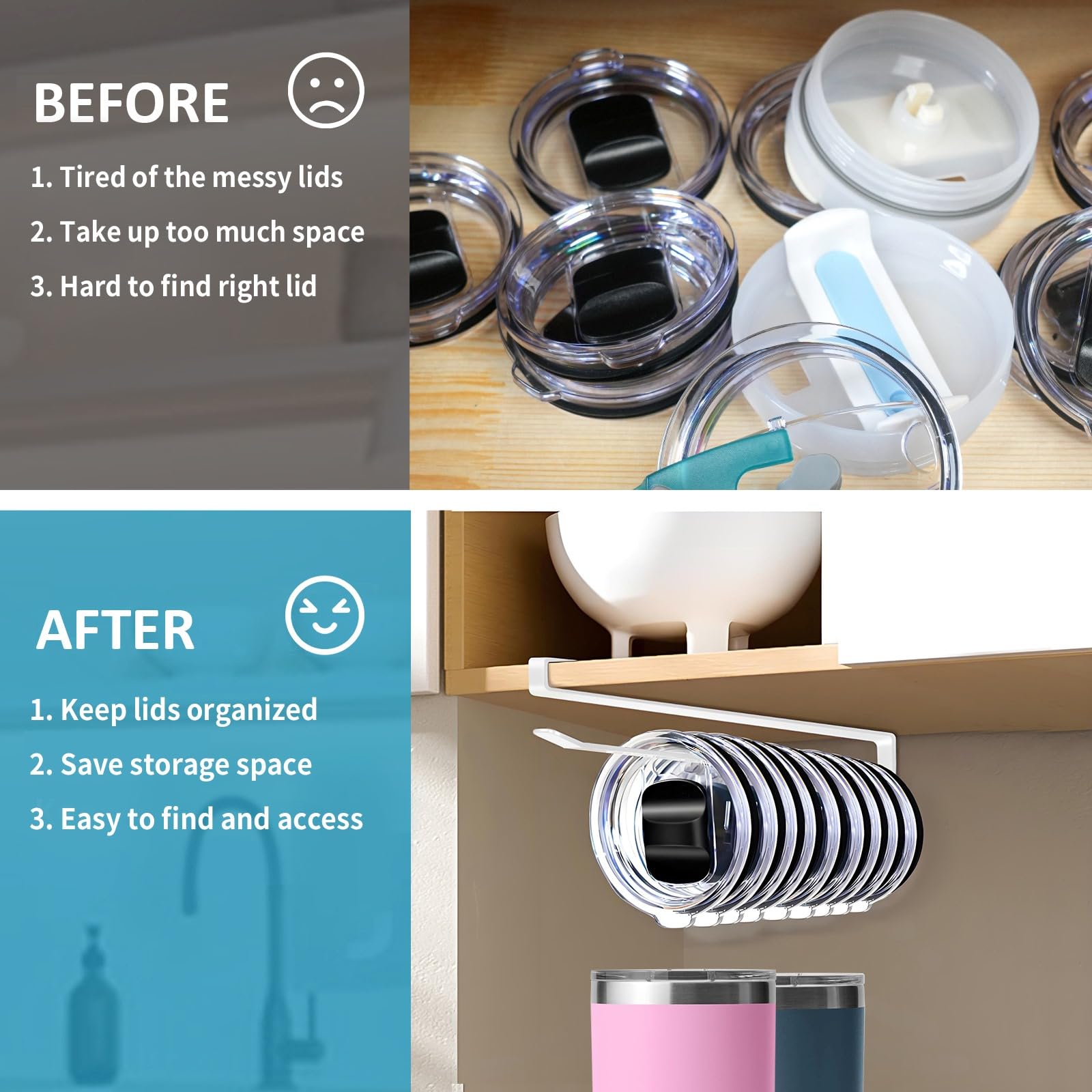ARTLEO Tumbler Lid Organizer - Space-Saving Under Cabinet Cup Lid Holder for Yeti, Stanley & Shallow Lids (Holds 12 Lids) - Perfect Kitchen Cabinet Storage Solution for Coffee Mugs & Travel Cups