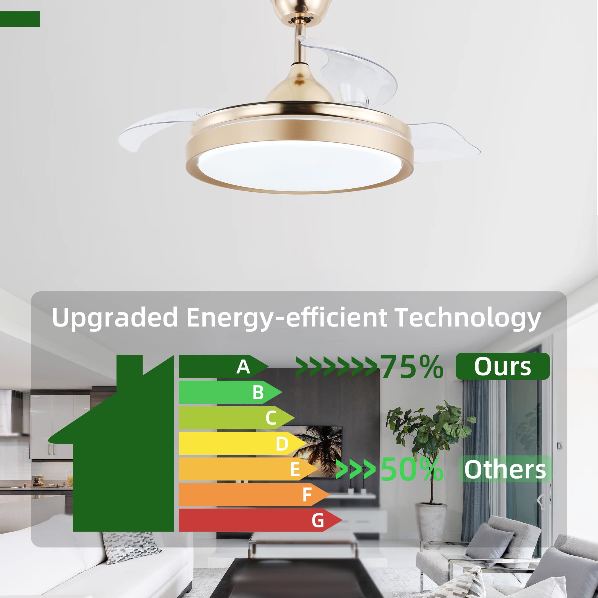 42 Inch Retractable Ceiling Fan with Lights and Remote Control - 3 Speed Settings, 3 Color Changing LED Lights, 4 Timer Modes, Ultra Quiet Motor, Gold Finish - Perfect for Living Room, Bedroom, and Office Spaces