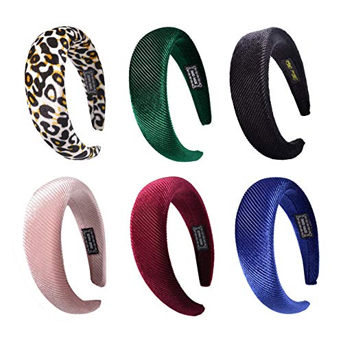 Vintage Velvet Padded Thick Headbands for Women - 6 Pack Soft Stretchy Hair Bands for Workout, Gym, Yoga, Running & Everyday Use