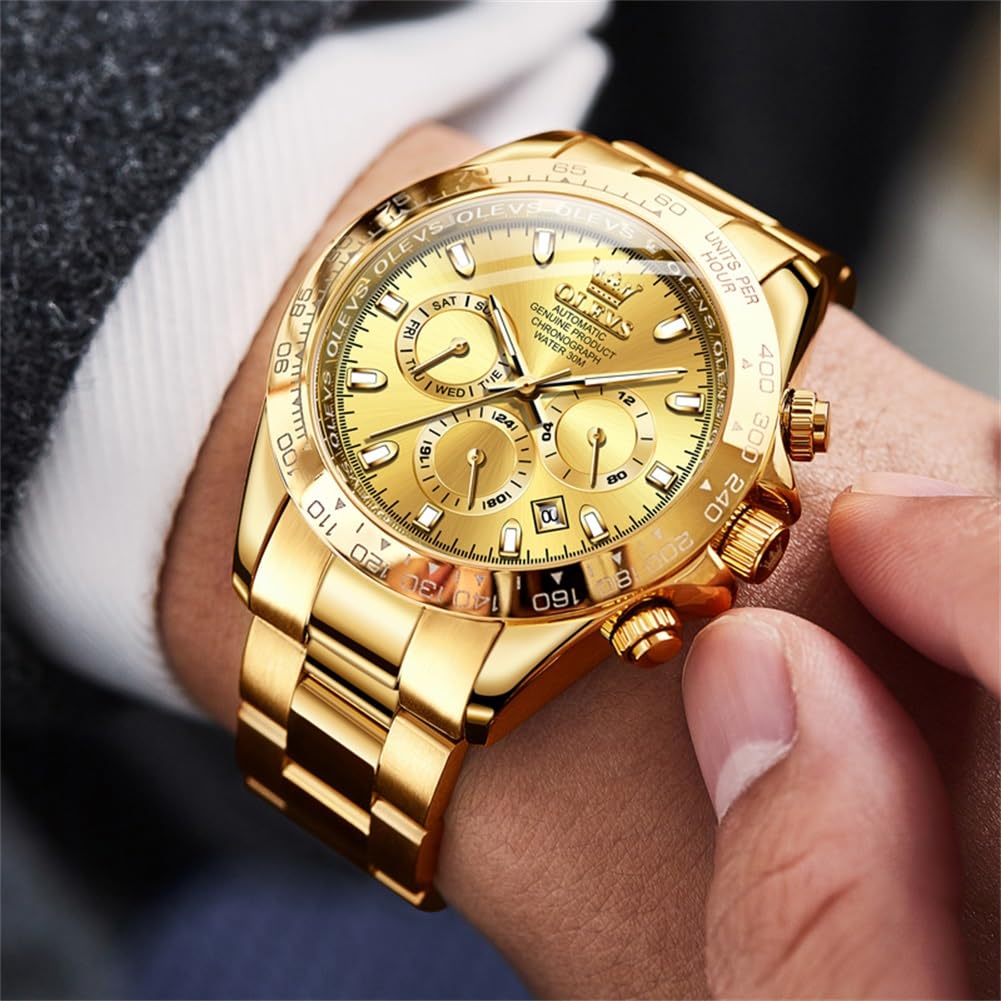 OLEVS Automatic Gold Watches for Men - Luxury Classic Stainless Steel Calendar Luminous Waterproof Watch - Perfect for Business, Formal Events & Everyday Wear